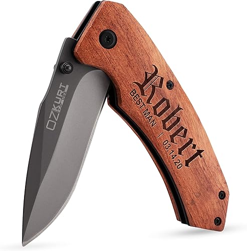 Regalos de padrinos de boda, cuchillo de bolsillo personalizado grabado para padrinos de boda, cuchillos individuales personalizados con clip de