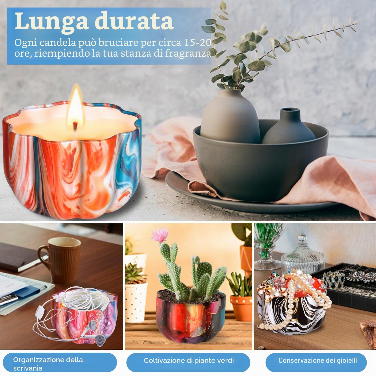NEMMXUB Kit per Fabbricazione Candele,Kit per Candele Fai da Te,Kit per Fusione Cera per Principianti DIY Set Regalo con Cera di Soia,8 Candele Barattoli,8 Coloranti,3 Stampo in Silicone,30 Stoppini