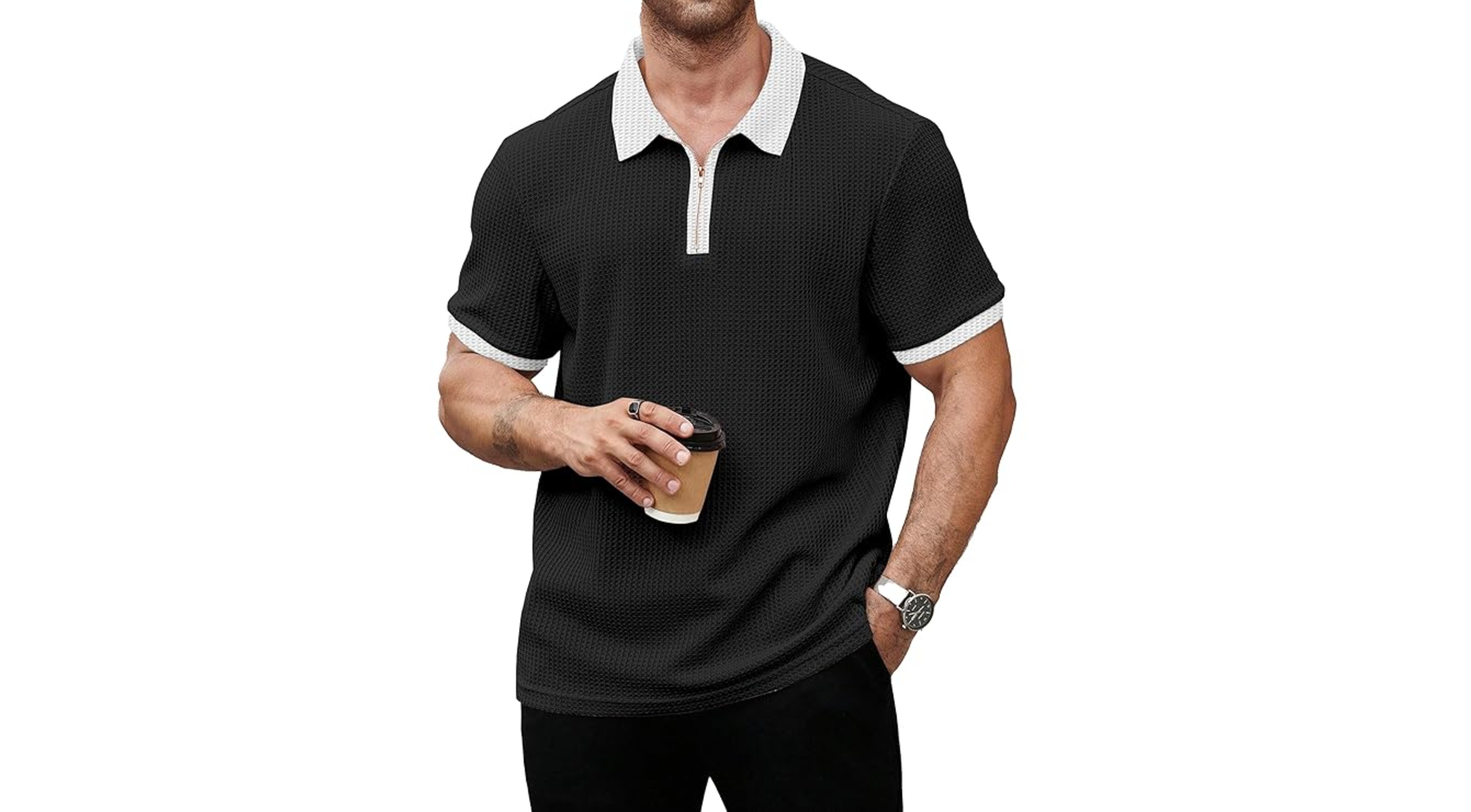 Buy KAJARU Men's Waffle Knit Polo T-Shirt, Short Sleeve, Zip