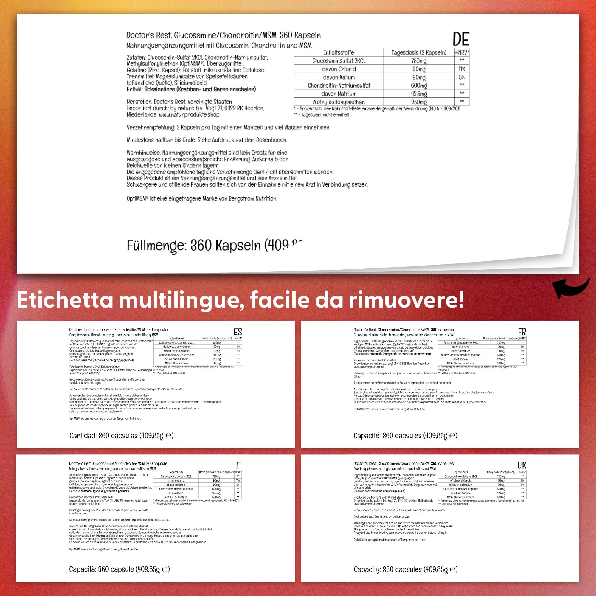 Doctor's Best, Glucosamina-Condroitina MSM, con OptiMSM, 360 Capsule, Testato in Laboratorio, Senza Soia, Senza Glutine, Non OGM