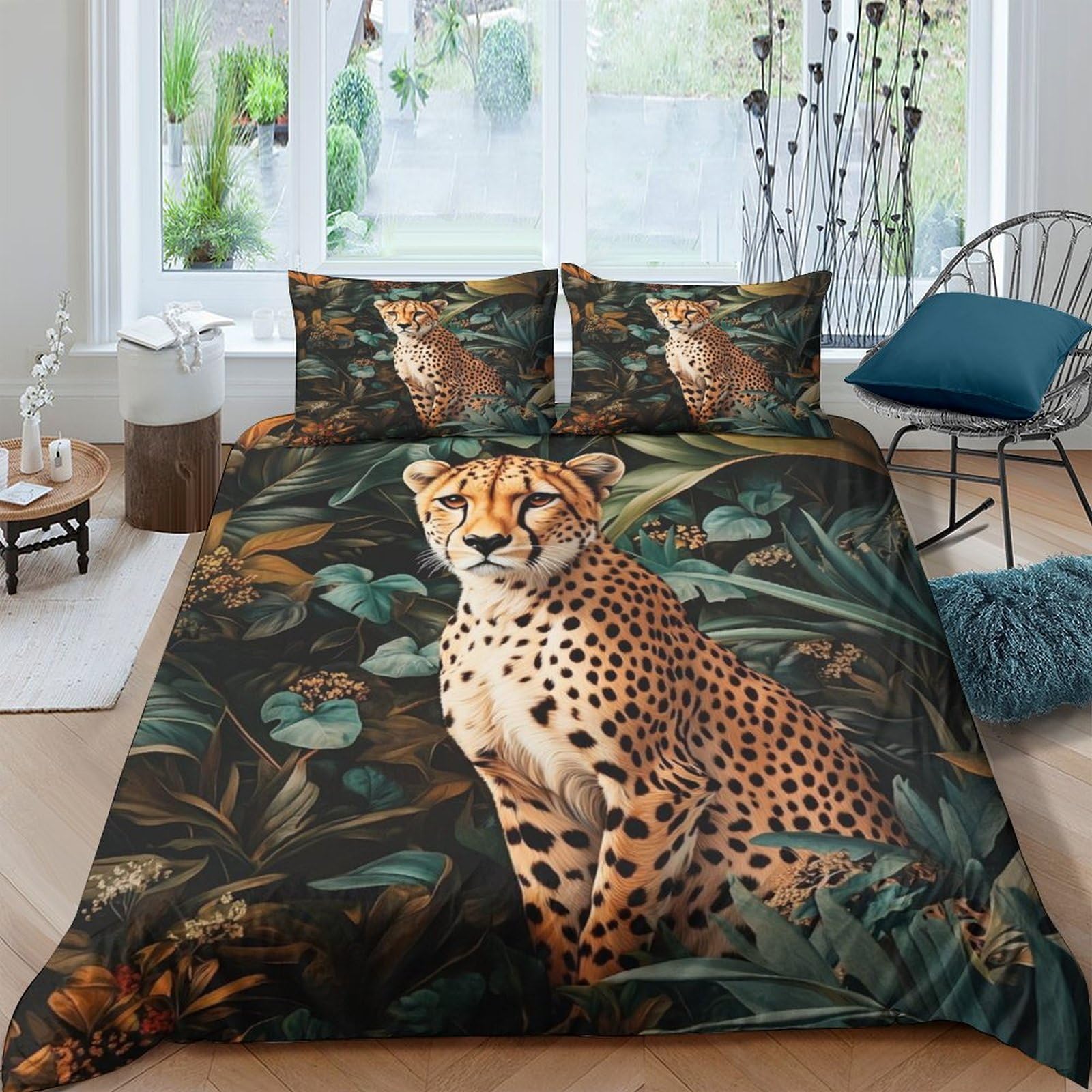 Ctjqhvkz Style-4 3D Printed Jungle Cheetah Fitted Sheet Microfiber Soft Non Slip Animal Forest Bed Cover Bedroom Decor Single（135X200cm）