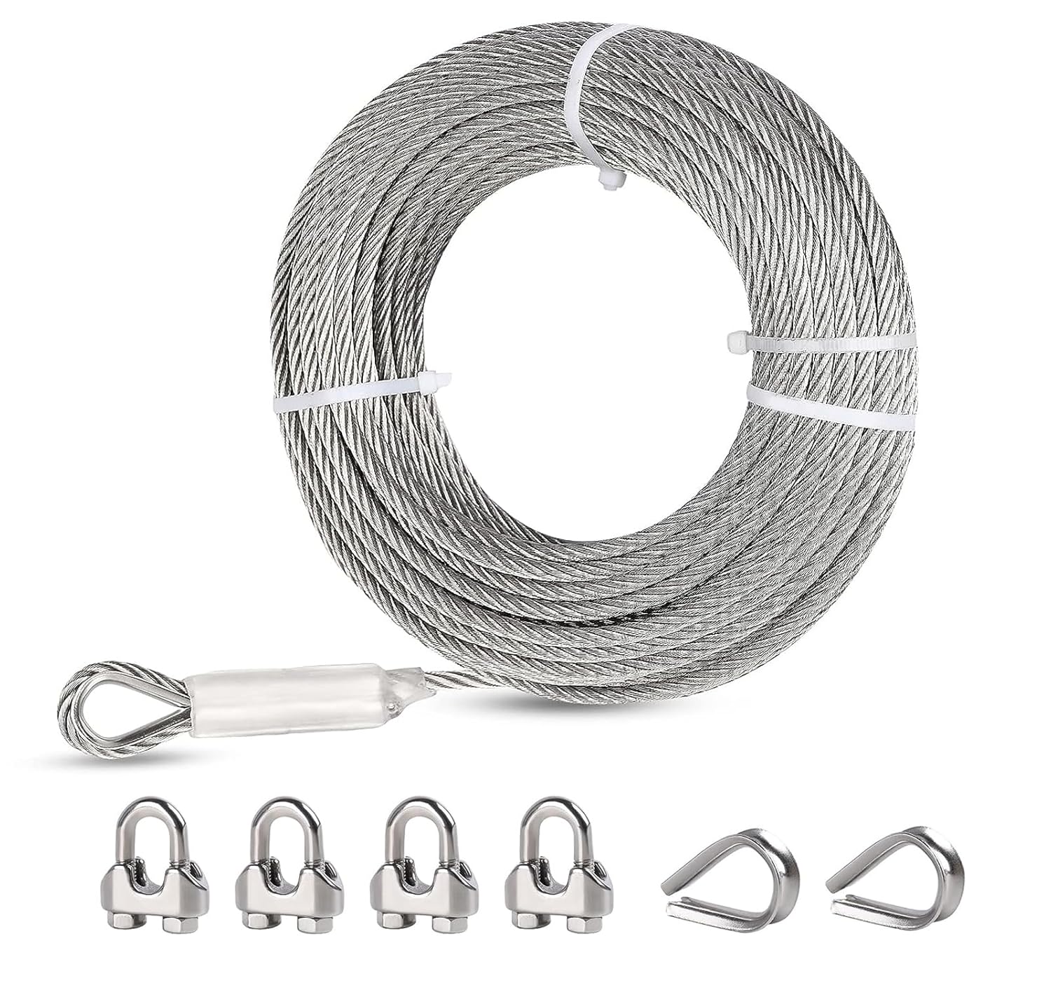 3/8" stainless steel cable, 125ft wire rope, 7x 19 strands zip line cable with clamps and thimble, 12000lbs breaking strength, steel aircraft cable for yard zipline, winch cable 125ft 1