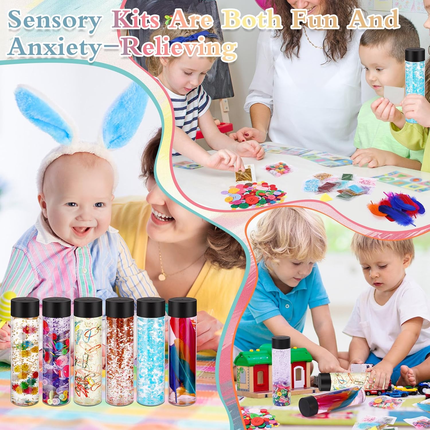 24 Pcs Sensory Bottles Kits for Kids 13.5oz 400 ml Leakproof Clear Plastic Containers with Lids Sequins Accessories Reusable Empty Water Bottles for Crafts Classroom Handmade Party Supply