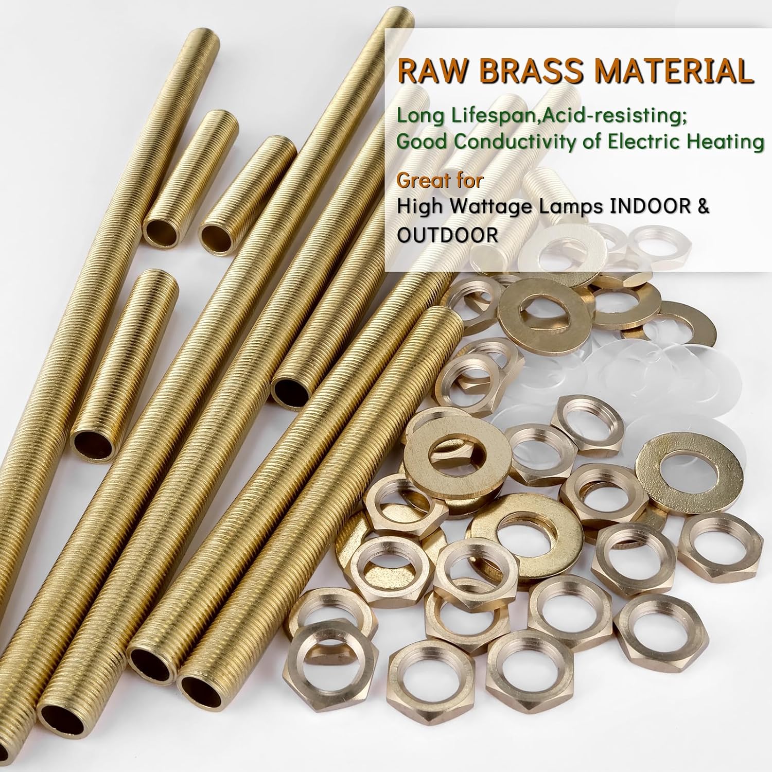 Brass Lamp Hardware - Threaded Pipe Rods & Assortment Including 10" Pipe Nipples, Washers & Locknuts