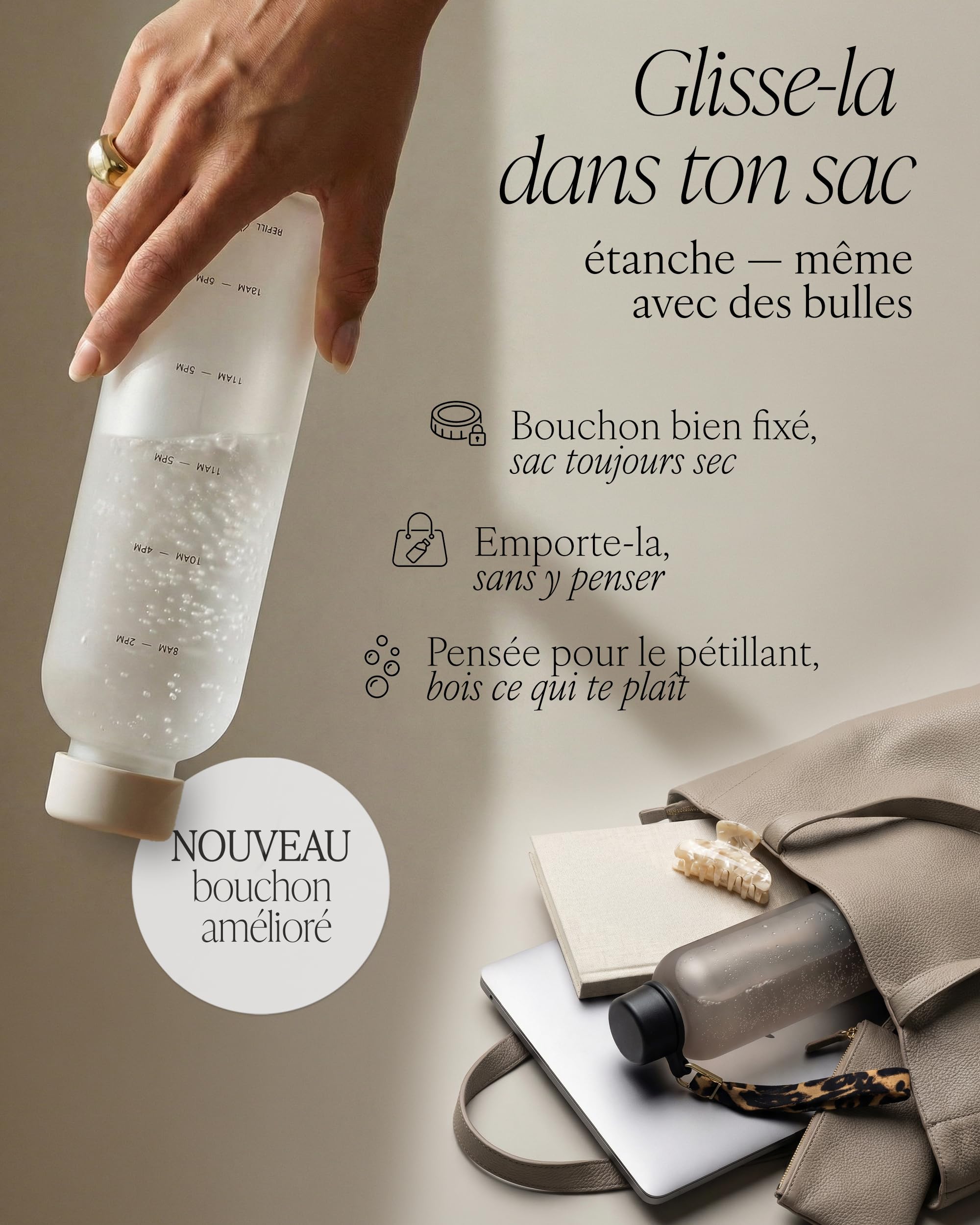 MAMEIDO Gourde graduée motivation 1 l (Ivory Beige) | Dragonne amovible, étanche et adaptée aux boissons gazeuses, sans BPA, idéale sport, salle et bureau