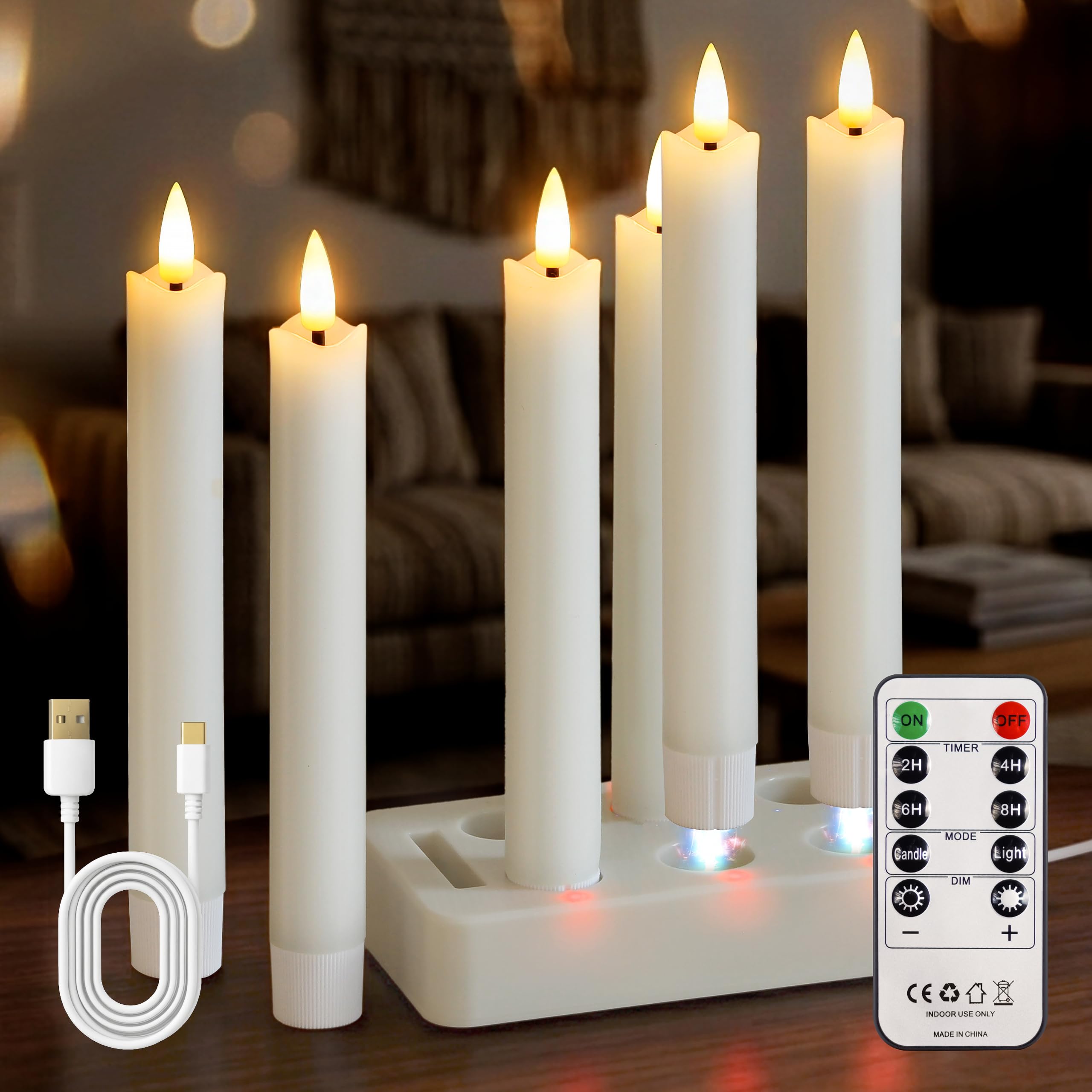 Velas LED recargables mando temporizador, sin llama Marfil cera real pack 6 base carga, parpadeante mecha 3D luz cálida candeleros decoración hogar 1,98cm x 17,8cm