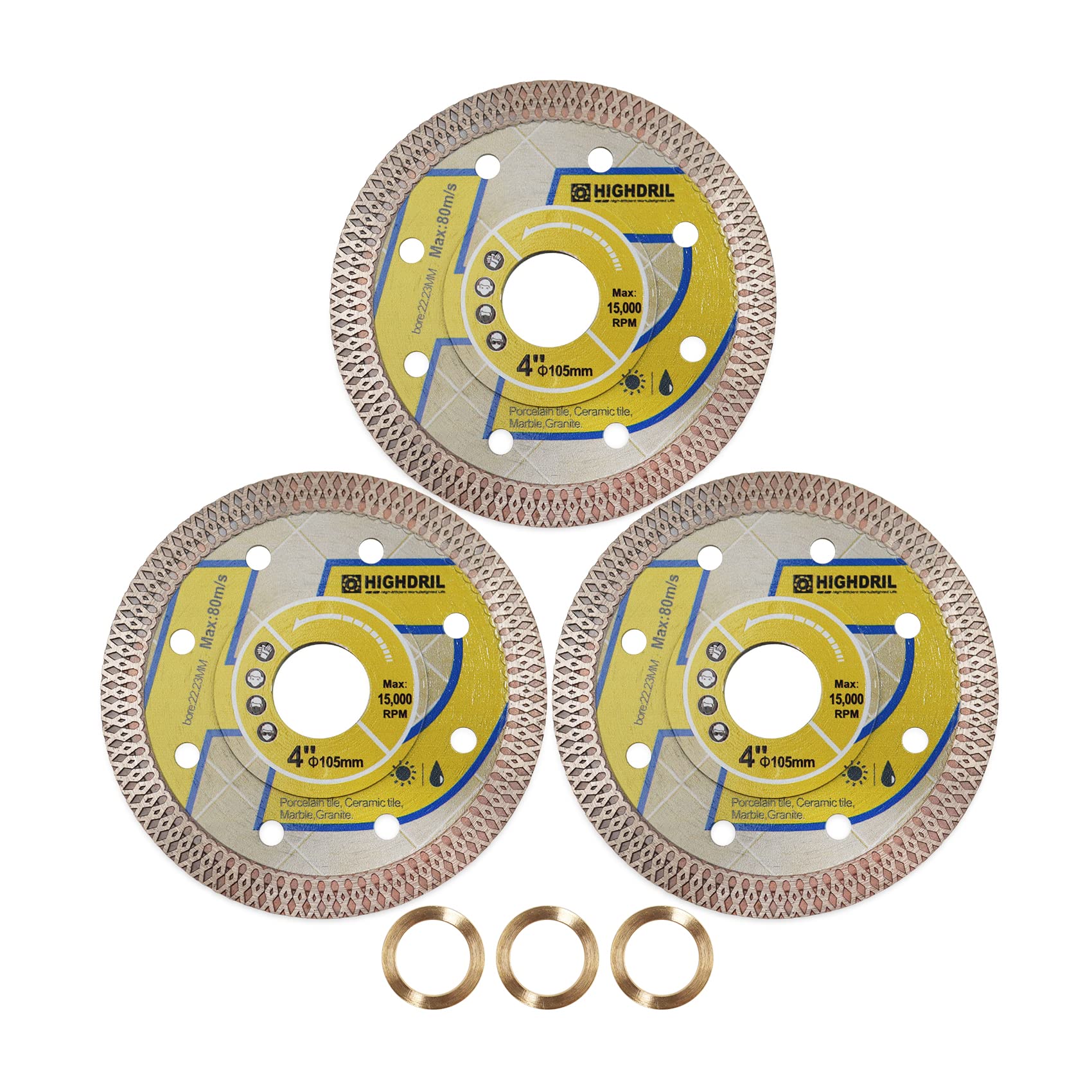 Hoja de diamante superfina, HIGHDRIL 3 piezas 100mm con cenador de 7/8 a 5/8 pulgadas,hoja de diamante seca húmeda con borde de malla X Angel Grinder disco porcelana cerámica terracota granito mármol