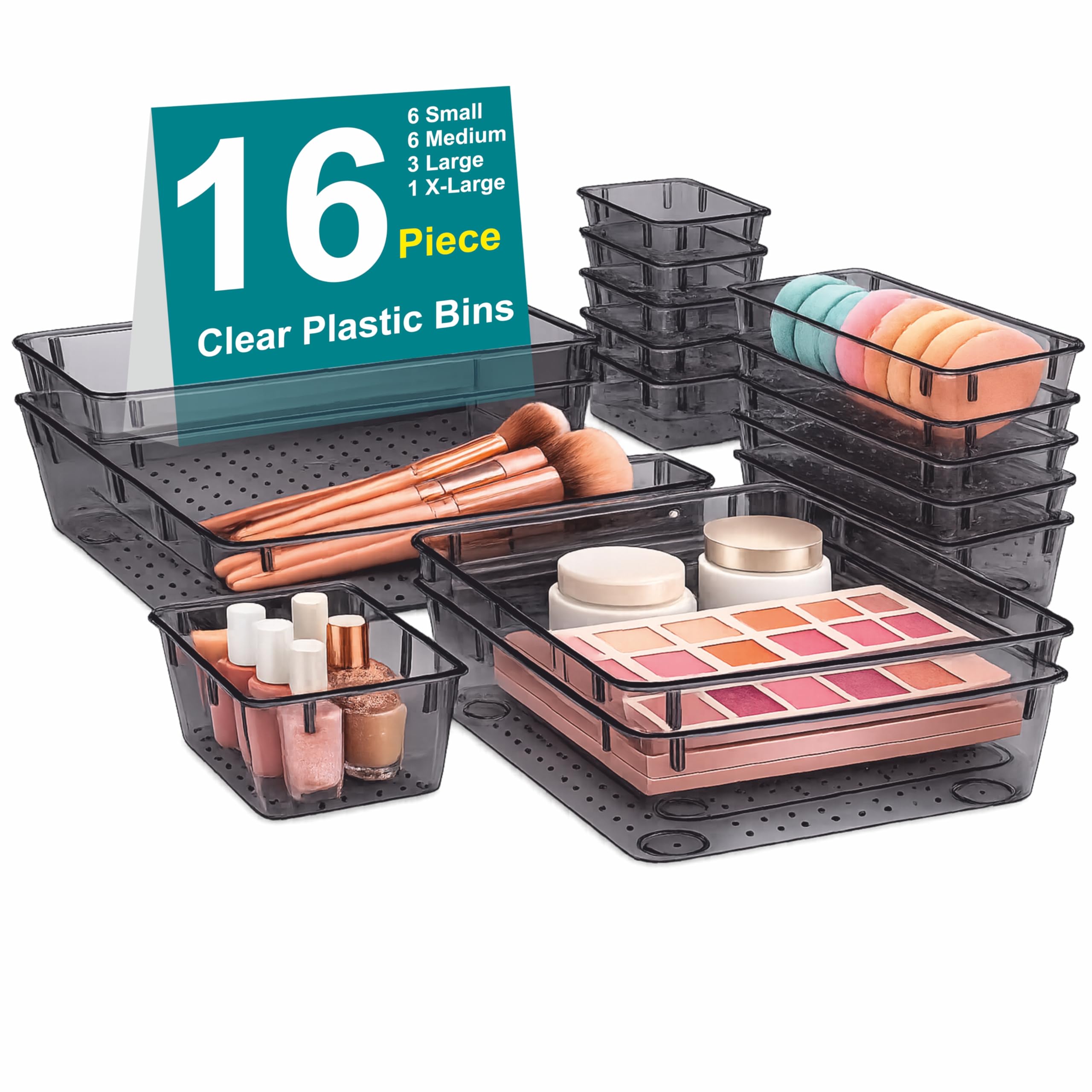 JIALTO 16-Piece Acrylic Drawer Organizer Tray Set – Multipurpose Clear Plastic Storage Bins for Makeup, Cosmetics, Jewelry, Kitchen, Office, Bathroom & Dressing Table Drawer Organizer (Black)