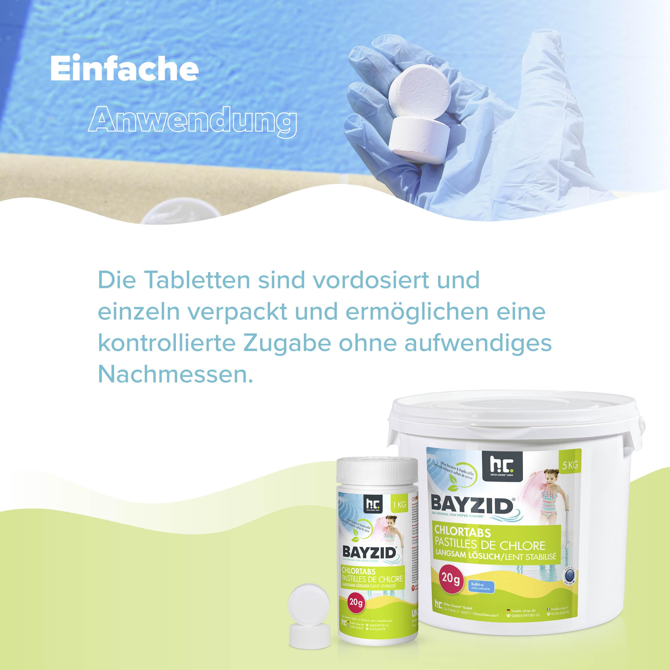 Höfer Chemie 20g Chlor Tabletten langsam löslich im 5 kg Eimer - zur dauerhaften Chlorung von Pool und Schwimmbad - Hochwirksam gegen Bakterien und Pilze - Bayzid