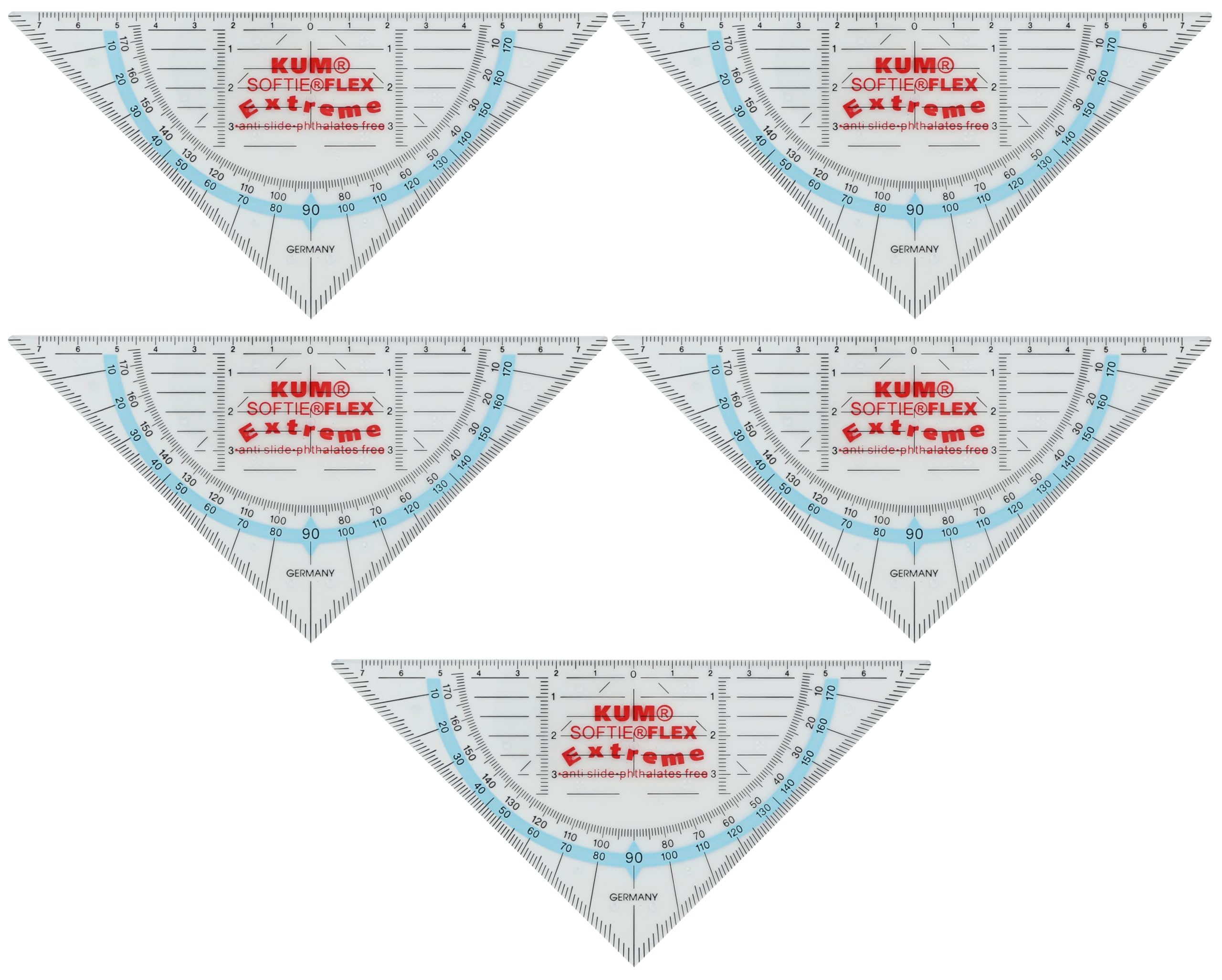 KUM AZ225.07.16-T - Geometriedreieck 16 cm, extrem flexibel und unbrechbar, Softie Flex Extreme, transparent, 5er Multipack