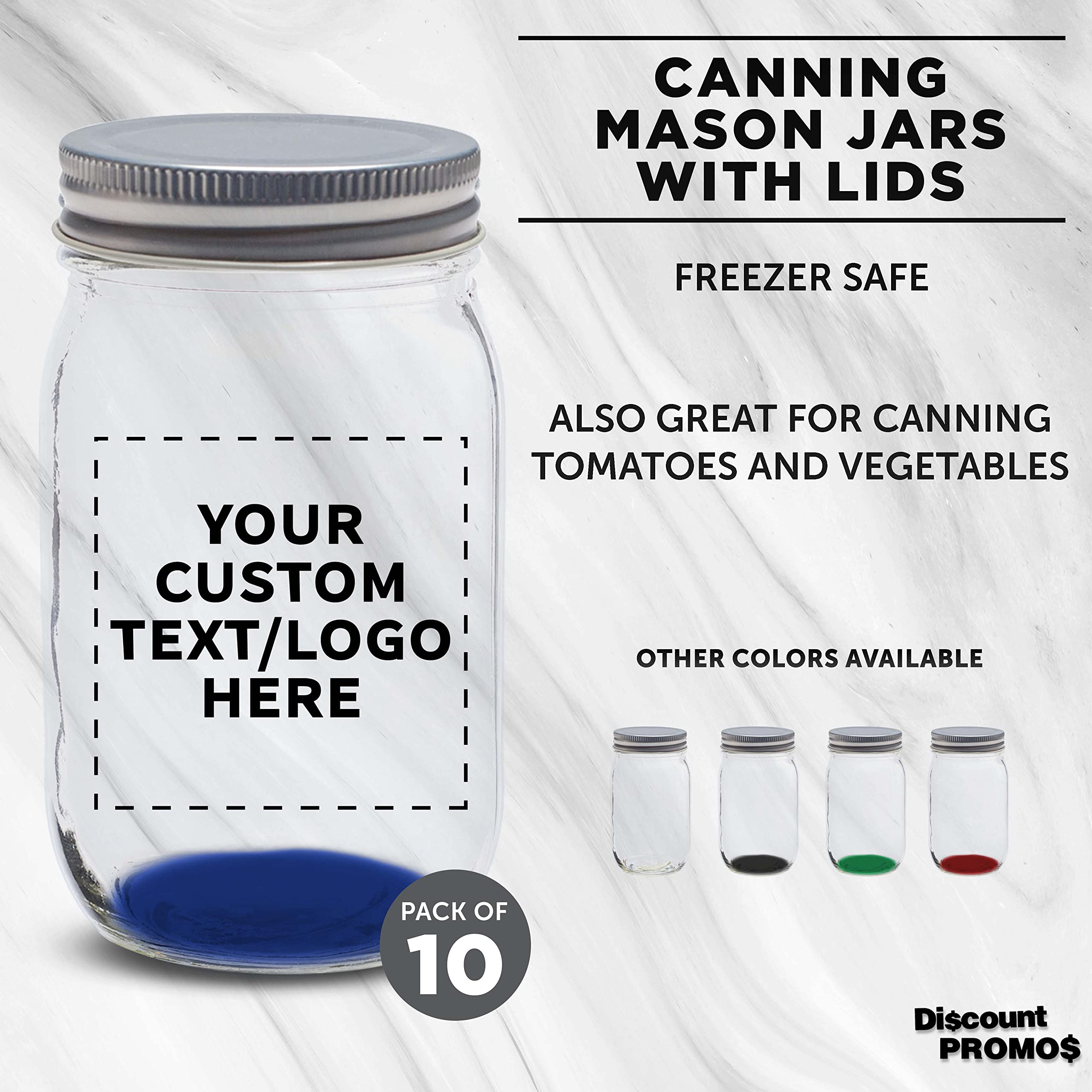 DISCOUNT PROMOS Custom Mason Jars with Lids 16 oz. Set of 10, Personalized Bulk Pack - Glass Jars for Overnight Oats, Candies, Fruits, Pickles, Spices, Beverages - Blue