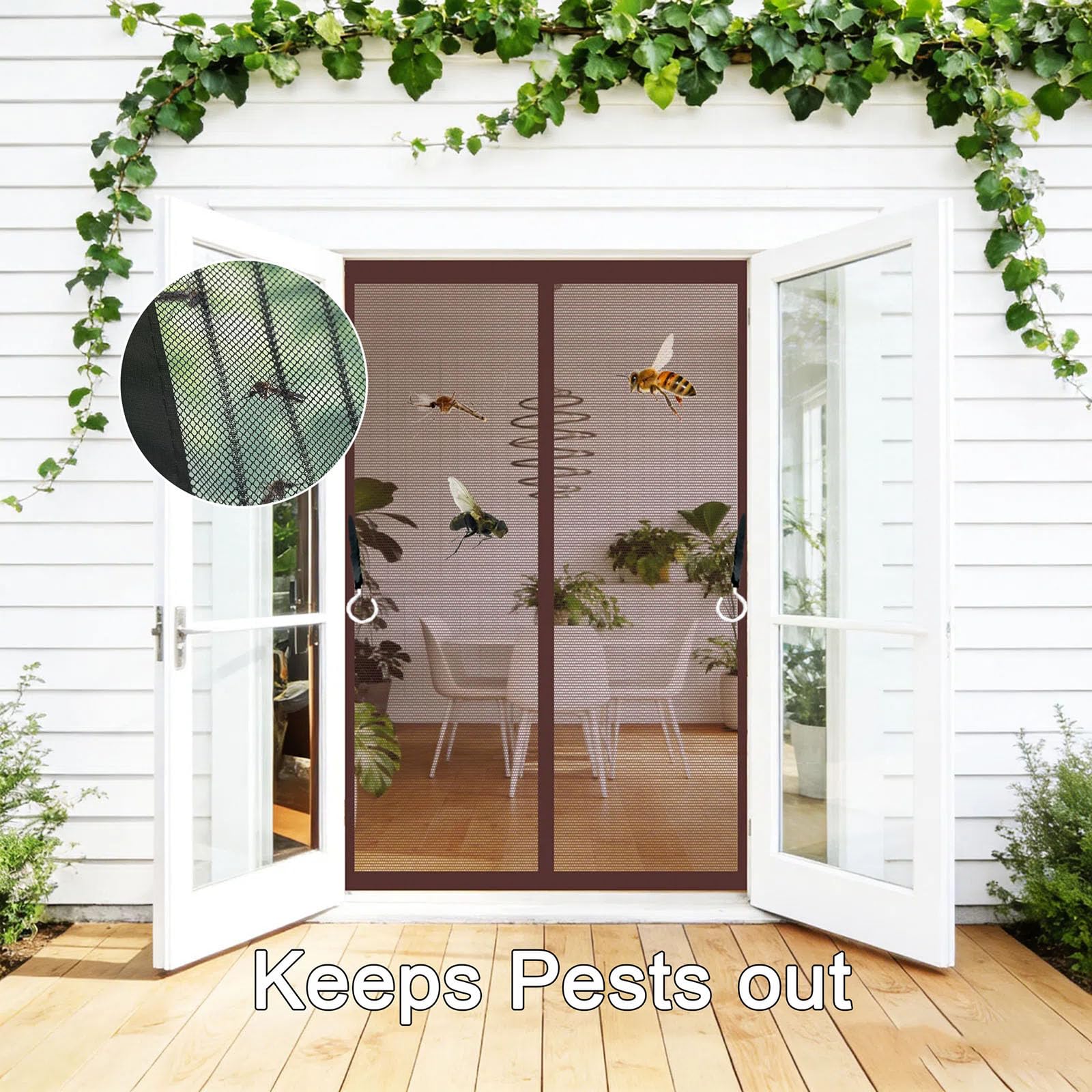 Insektenschutz Balkontür 115 x 370 cm Lichtdurchlässig Reißfest Wetterfest Langlebig aus Polyester Tür Fliegengitter für Balkontür Terrassentür, Braun