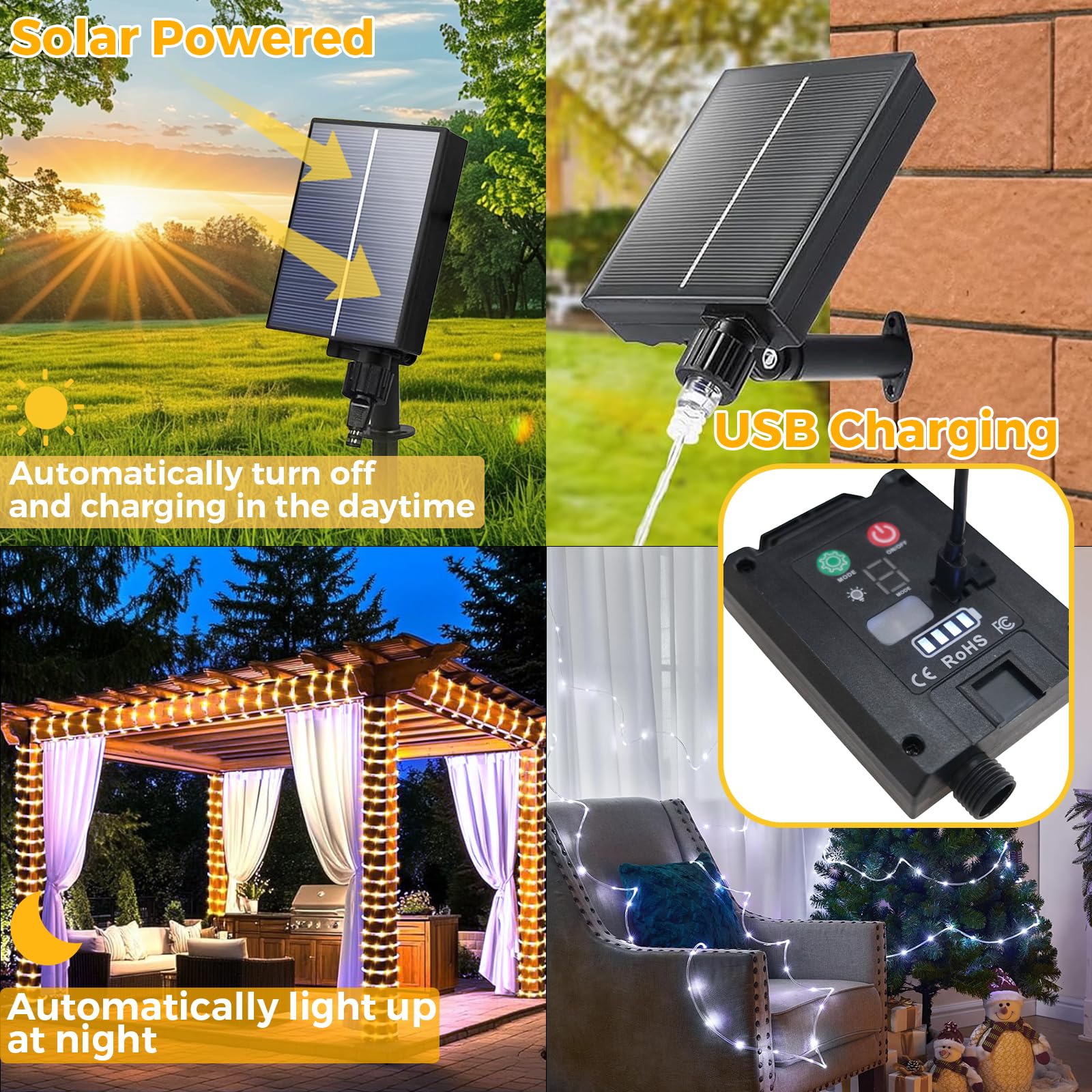 Aofonchy Solar LED Rope Lights Outdoor, 66Ft 200 LEDs Waterproof Tube String Lights with 8 Modes & Remote Control - Image 4