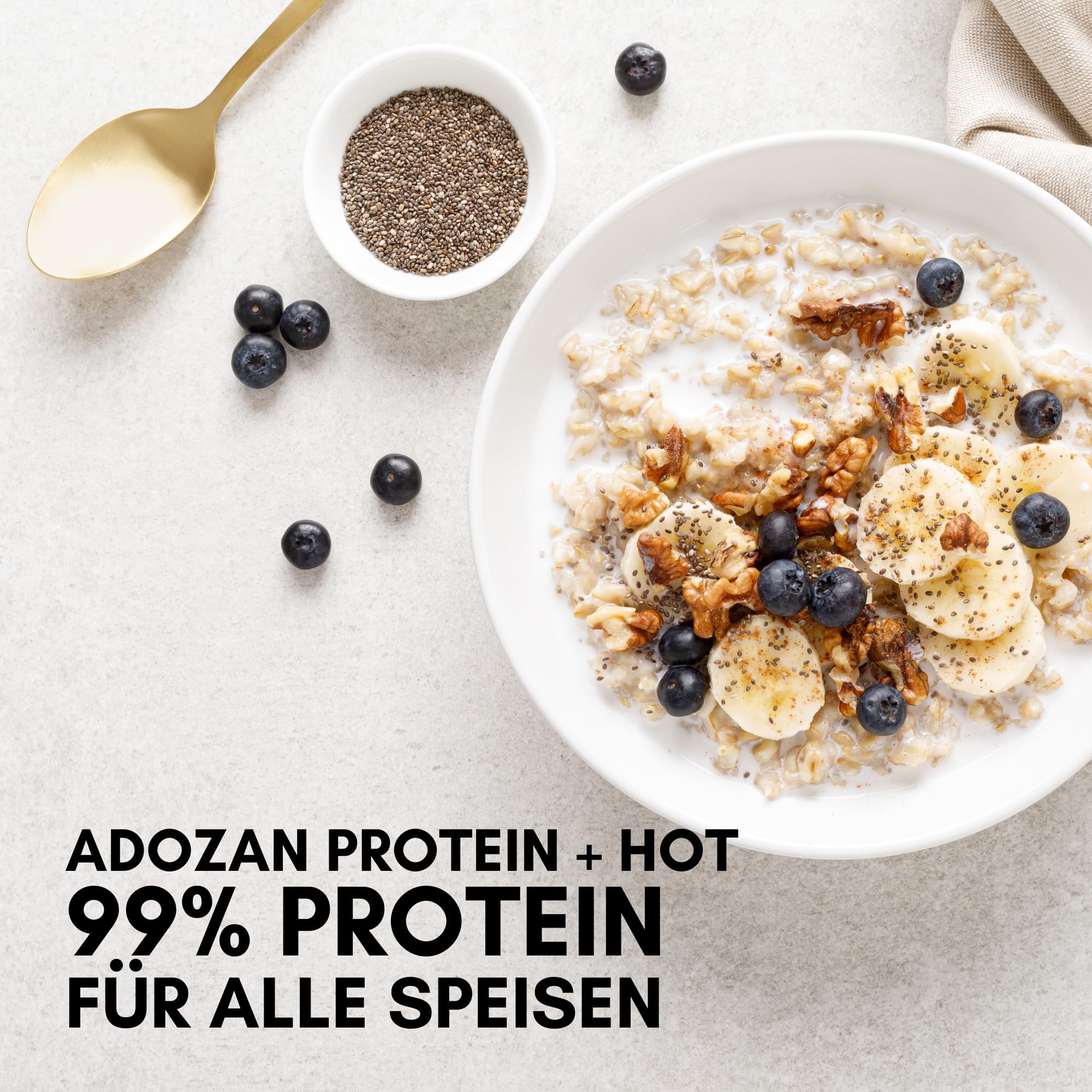 Adozan Protein +Hot | Protein Pulver Hitzebeständig bis 100°C | Eiweißpulver Ohne Zucker, Fett & Geschmack | Leicht Löslich, Geschmacksneutral Eiweiß für Speisen, Backen, Kochen, Getränke | 1kg