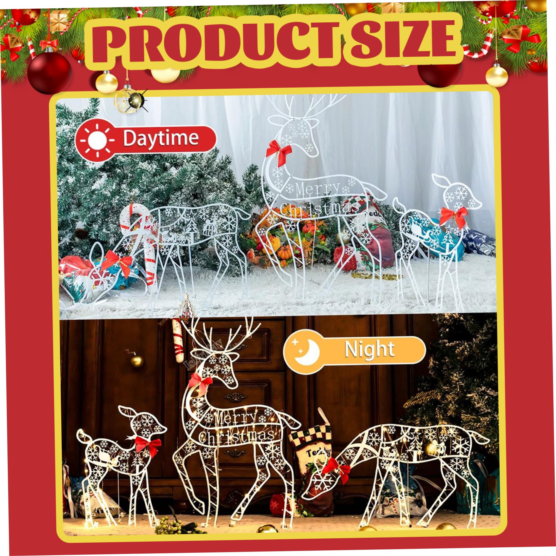 Décoration de Noël en Forme de Renne, Ensemble 3 Rennes Lumineux, Motif Flocon Neige, décoration Noël avec nœud en métal, alimenté par Batterie, LED Blanc Chaud pour intérieur e