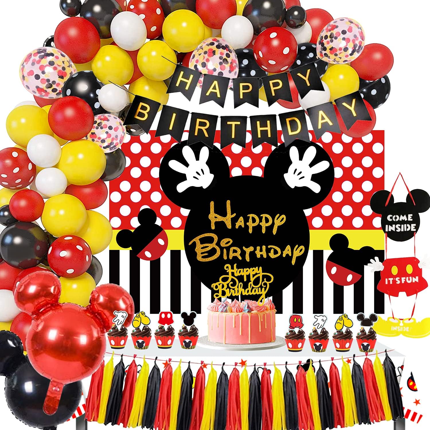 Mickey Themed Party Supplies - Mickey Decorations Include Backdrop, Welcome Hanger, Banner, Topper, Tassel, Tablecloth, Balloons Garland Arch, for Mickey Birthday Party Decorations