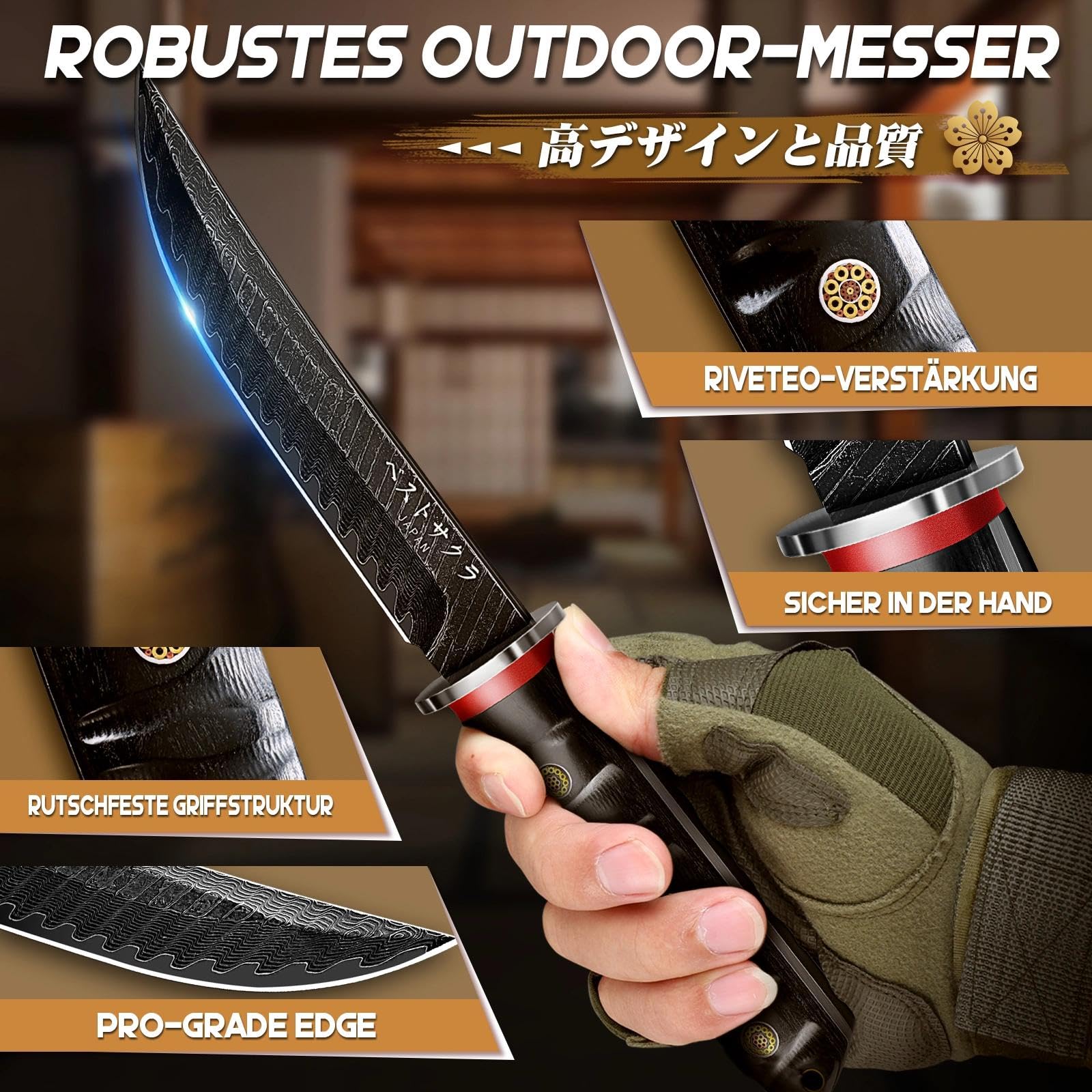 PURPLEBIRD Schwarzes Camping Messer aus Kohlenstoffstahl, Hohe Härte und Schärfe, Outdoor Messer mit Messerscheide aus Ebenholz für die Jagd, Wanderungen, Geschenk für Männer