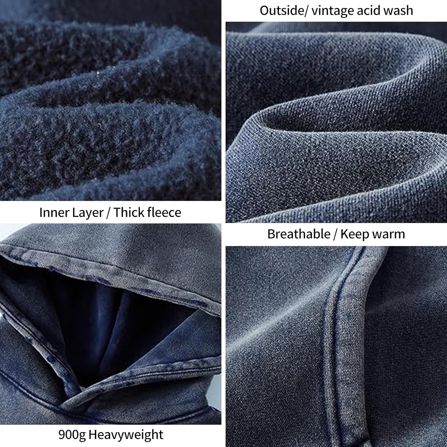 Womens Acid Wash Oversized Hoodie Unisex Couples Heavyweight Fleece Vintage Hoodies Baggy Pullover Sweatshirt - Image 4