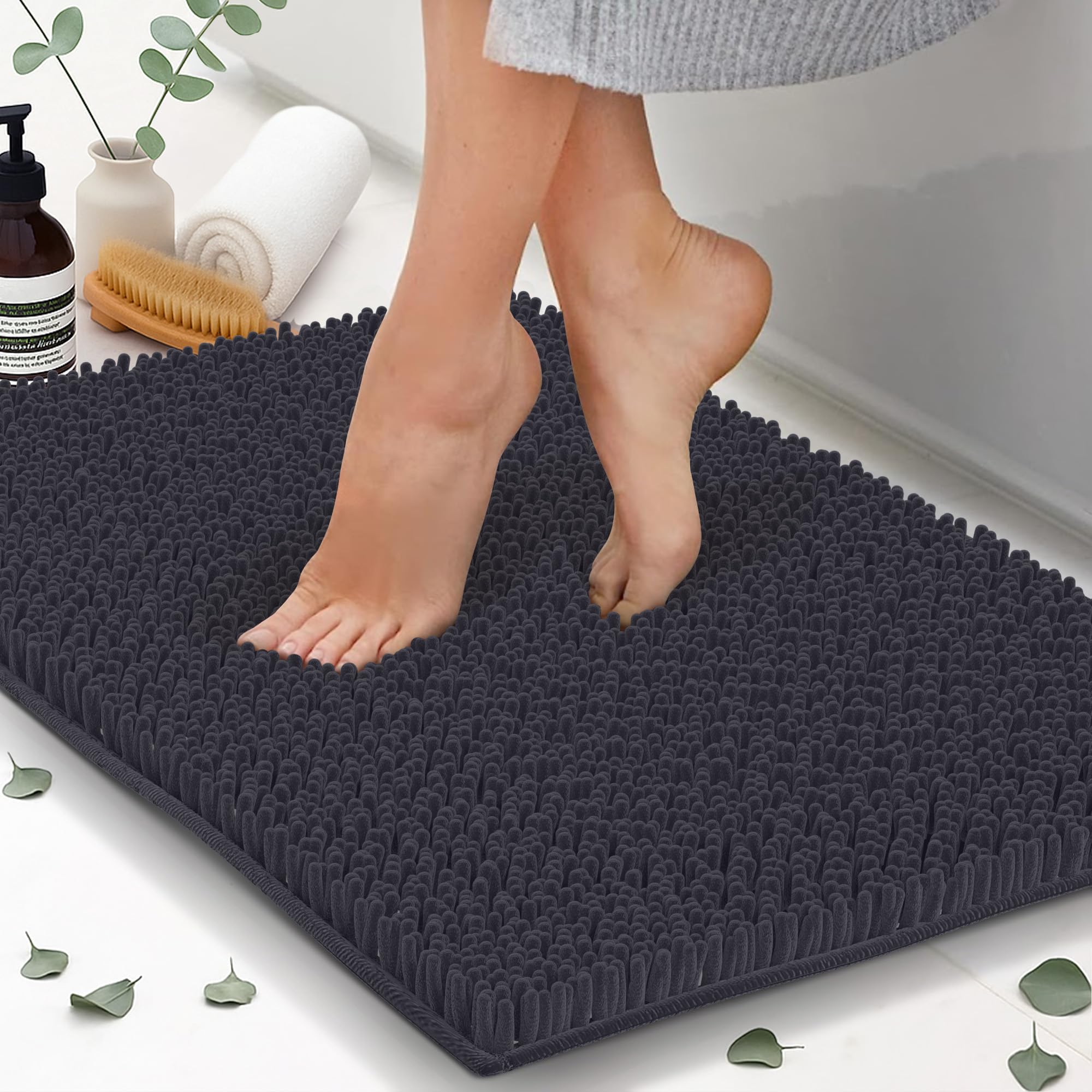 ITSOFT Plush Bathroom Rug 34x21, Absorbent Machine Washable Non Slip Chenille Bath Mats, Quick Dry Bathmat, Bath Rugs for Bath, Shower, Bedroom, or Door Mat, Black