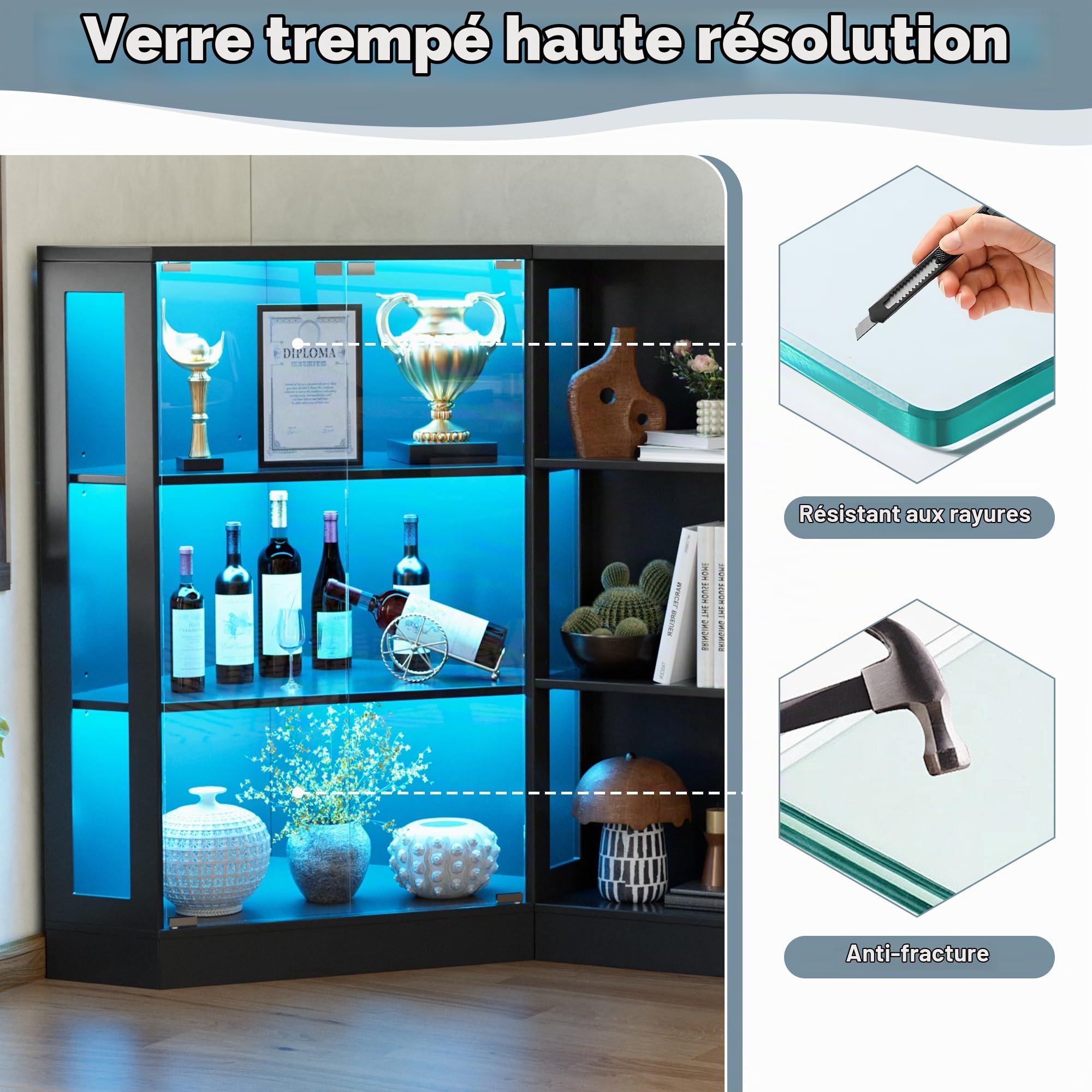 Vitrine en Verre avec LED, Vitrine pour Collection, 6 Couches Multifonction en Verre Debout,Armoir de Vitrine Moderne,Armoire de Salon, Bureau,Chambre,Noir,100x116.5x60 cm