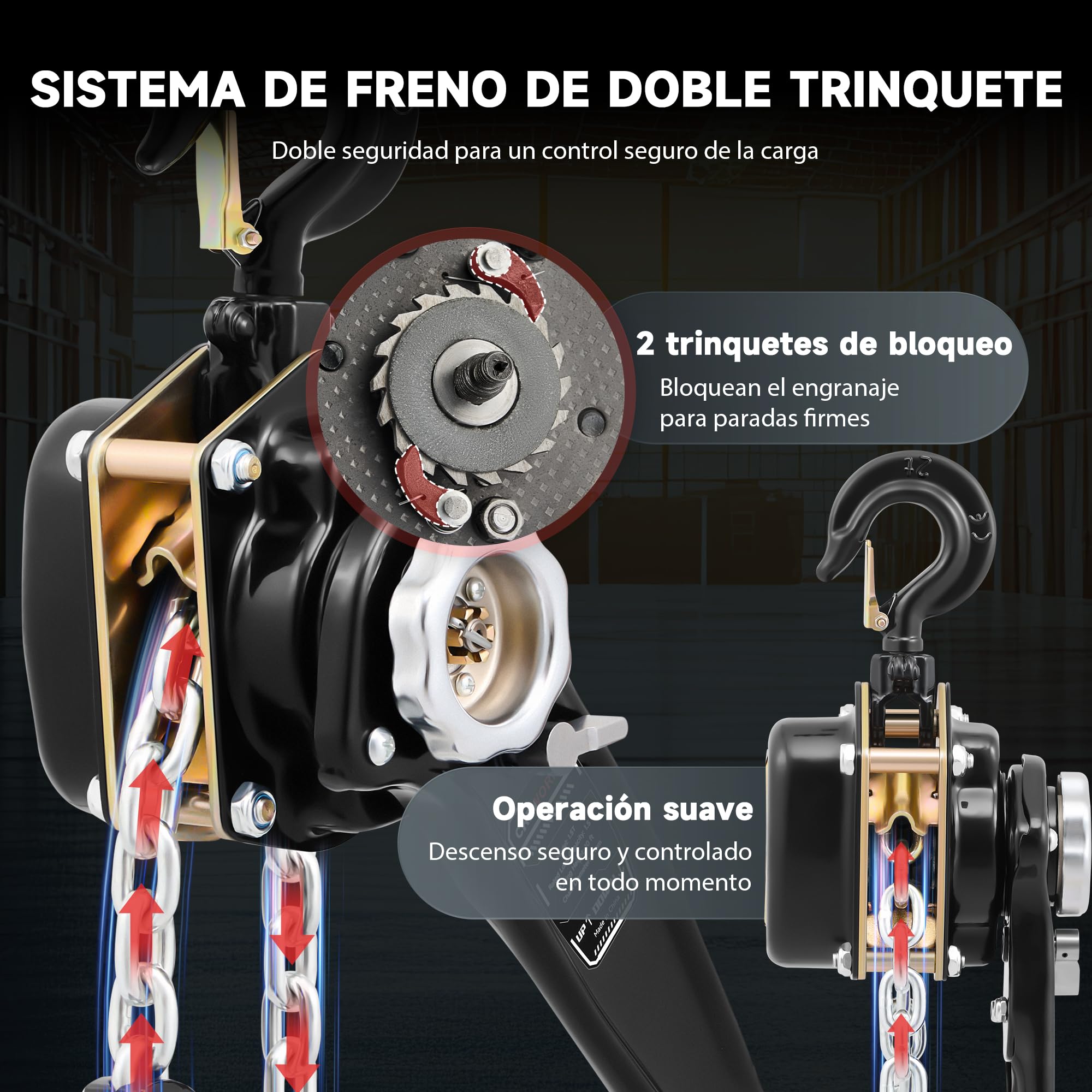 CREWORKS 1,5 T Polipasto de Cadena con Palanca, Elevación de 3 m, con Cadena Galvanizada G80 y Ganchos Giratorios, Polipasto Manual Resistente para Construcción, Almacenes y Fábricas
