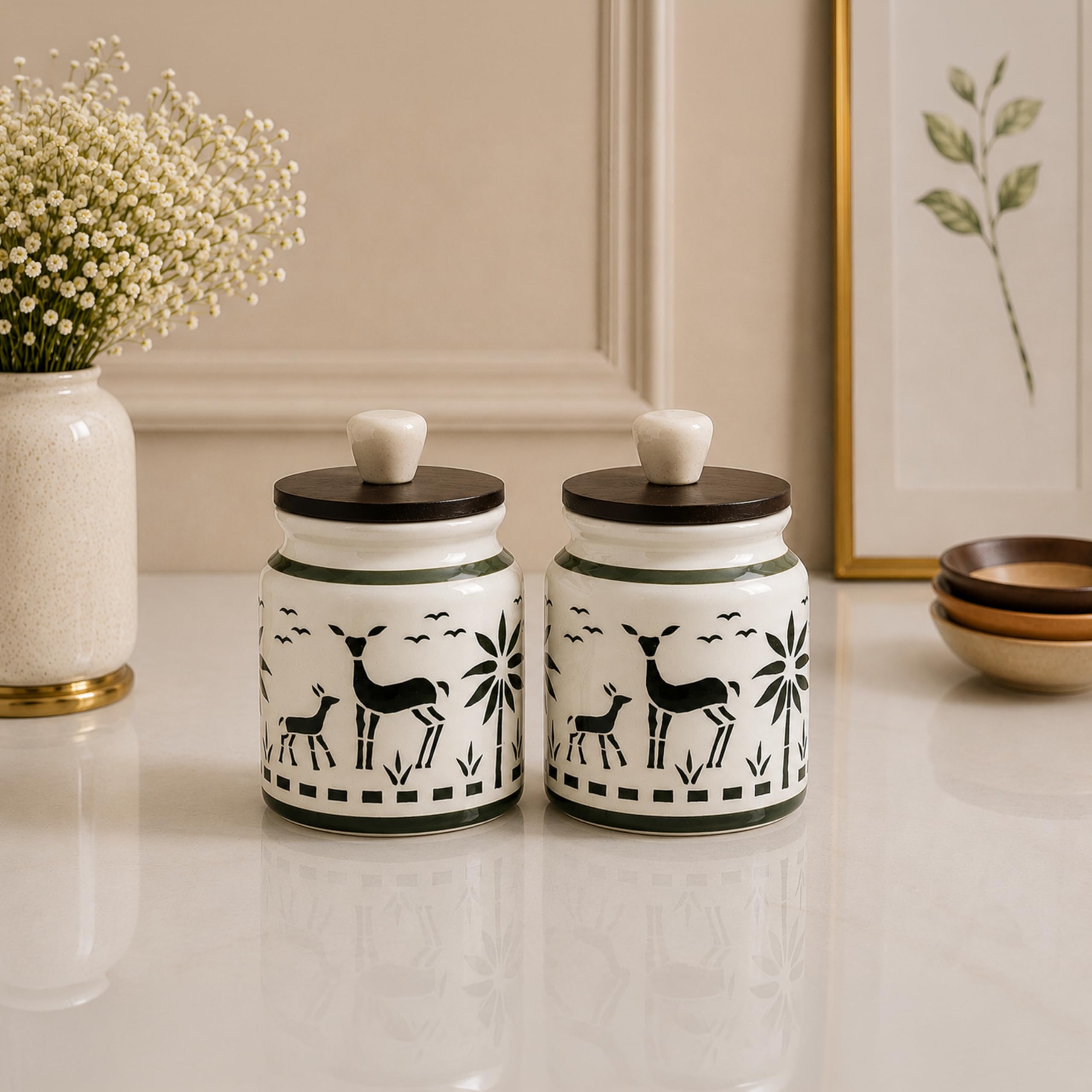 CraftShila Ceramic Kitchen Jars for Storage | Air Tight Containers with Wooden Lids | Masala, Salt, Pickle, Dry Fruits & Multi Utility Items Organiser Set (Hand-Painted, Green Deer, 450 ML, Pack of 2)