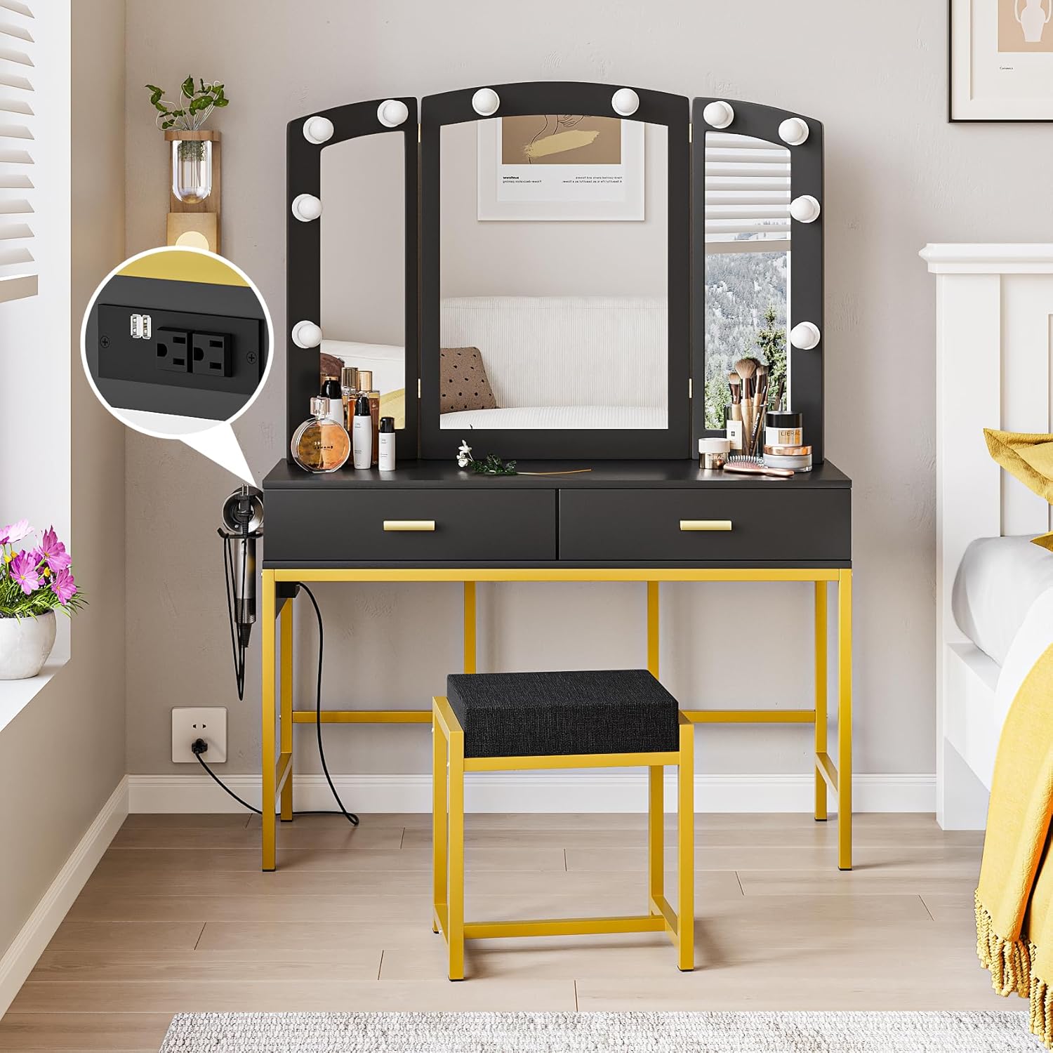 Semiocthome Black Makeup Vanity Desk with Mirror and Lights