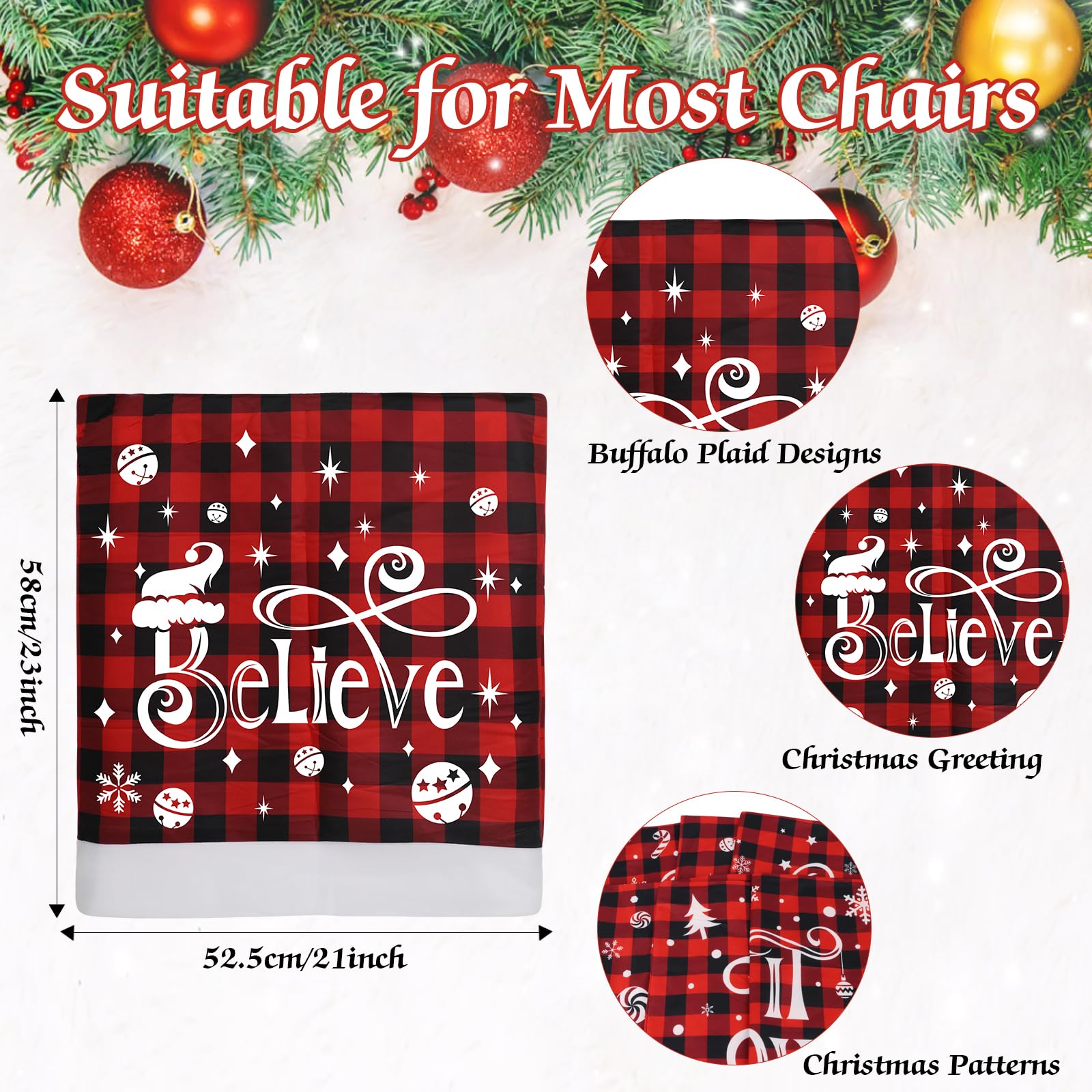 KIMOBER Juego de 6 fundas para sillas de Navidad, diseño de búfalo rojo y negro, para decoración de comedor de Navidad