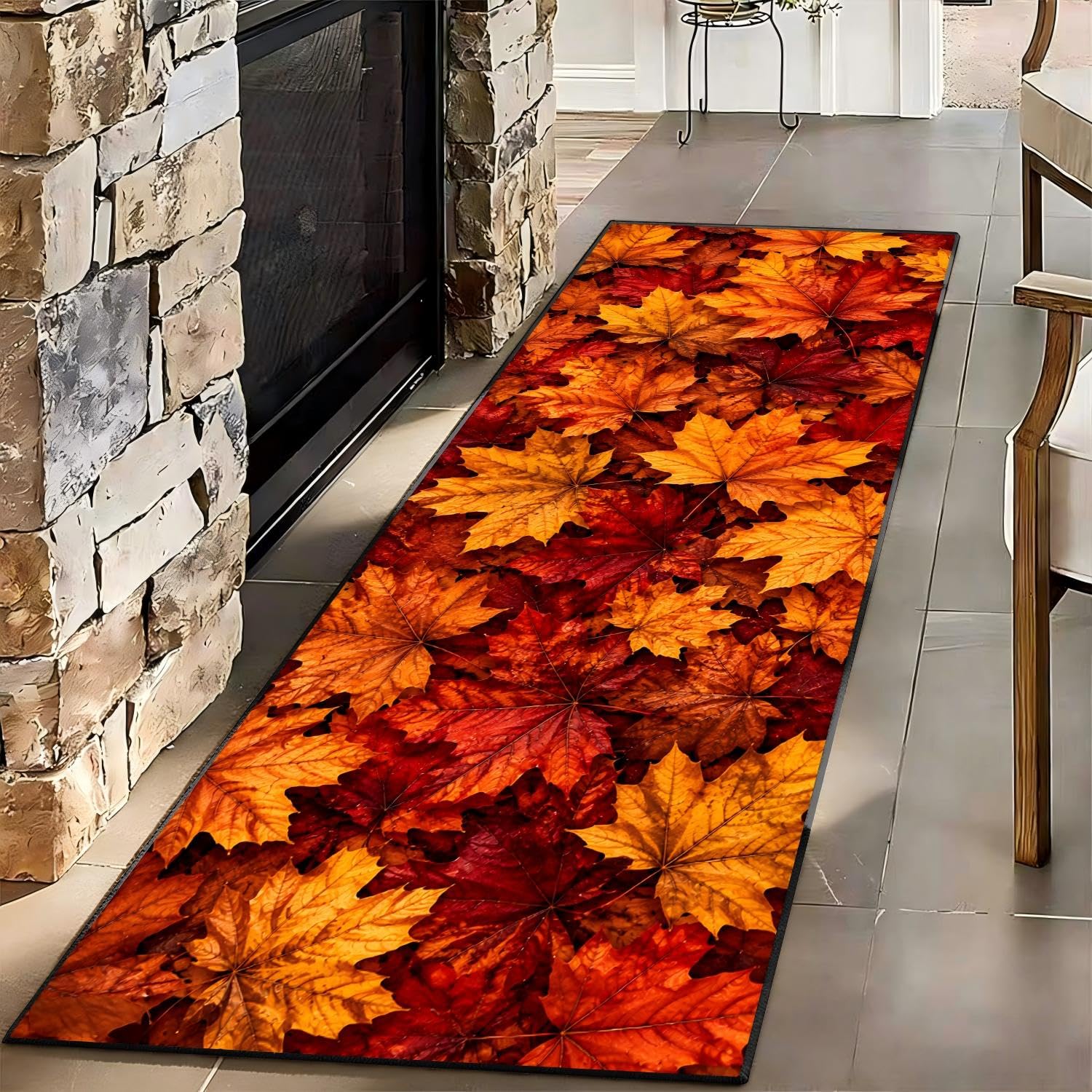 3D Autumn Maple Leaf Rug for Hallway Orange Fall Decor Runner 60x240cm
