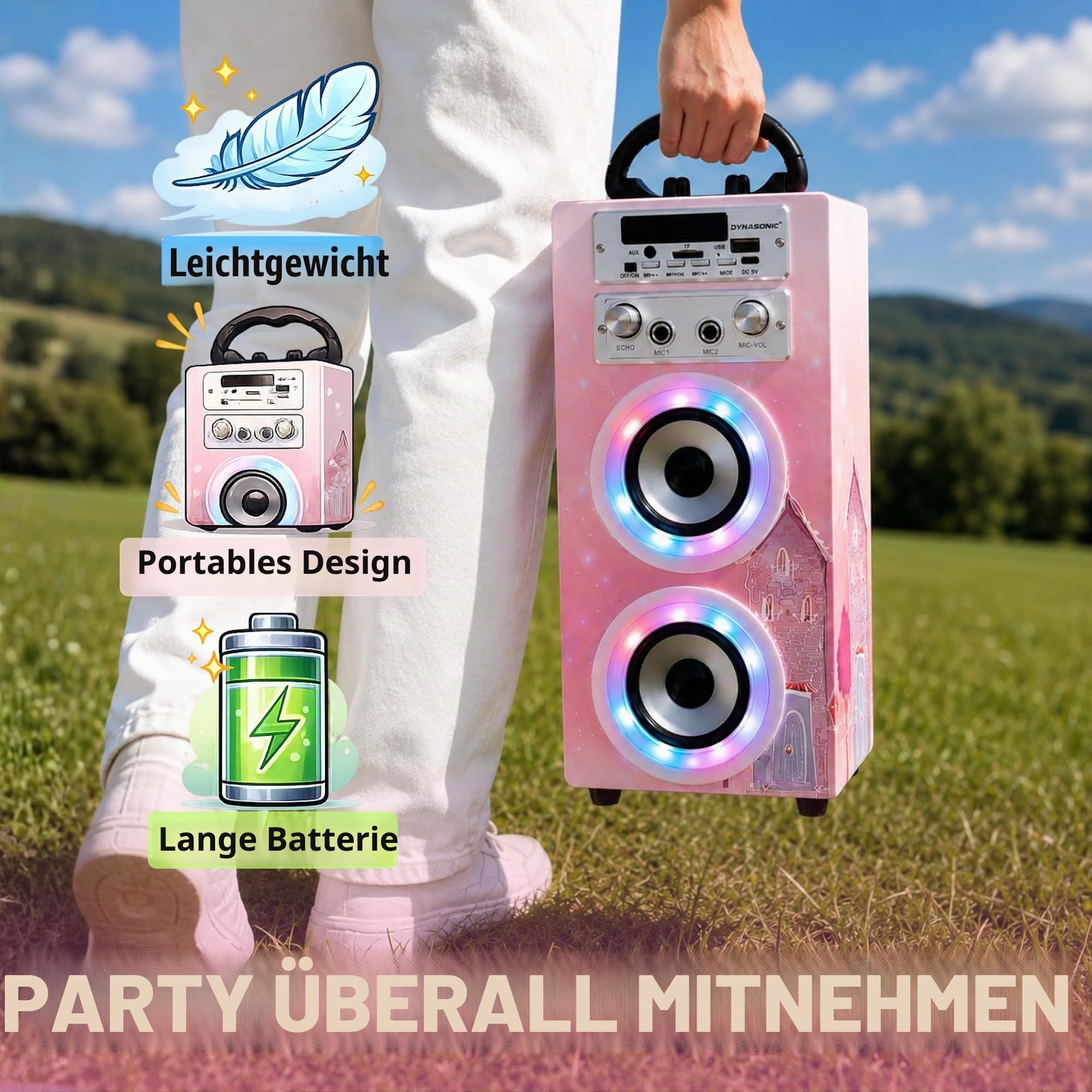 DYNASONIC Karaoke mit 2 Mikrofonen, tragbarer Karaoke-Maschine, Bluetooth-Lautsprecher, USB- und SD-Kartenleser, Lichter, Geschenk für Kinder von 5 bis 13 Jahren (Model 19)