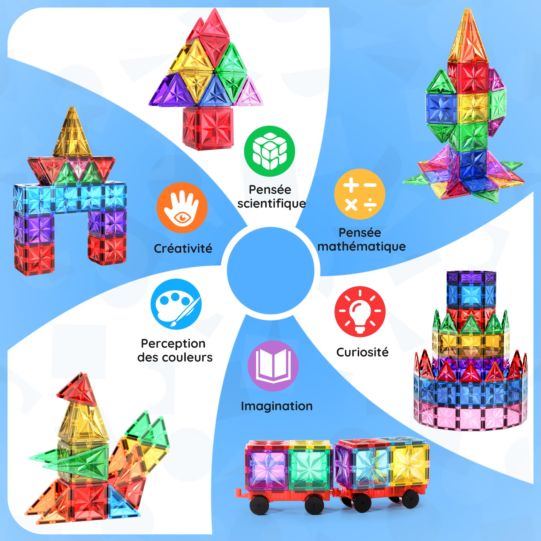 WOOBLO Bloc magnétique 108 pièces avec 2 Voitures, Jeu de Construction magnétique pour Enfants à partir de 3 Ans, Jouet créatif à aimants, Jouet Montessori, Cadeau pour garçons et Filles Amovible