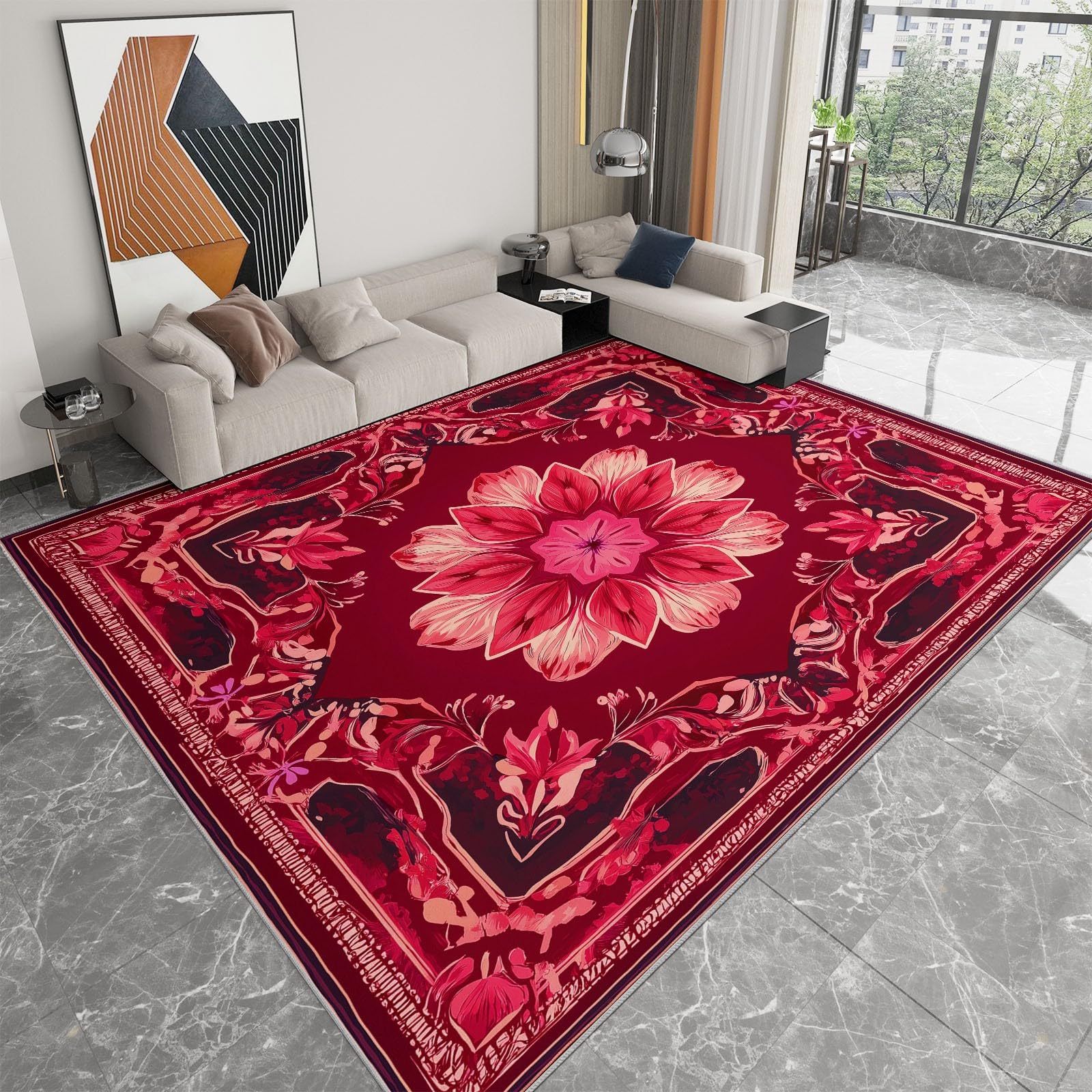 Tapis rouge salon 120x170 cm ethnique à poils courts