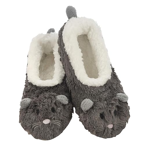 Snoozies Slipper Socks Animal Furry – Cozy, Foldable Slippers for Women, Non Slip Socks for Travel & Indoors - Mouse - Large