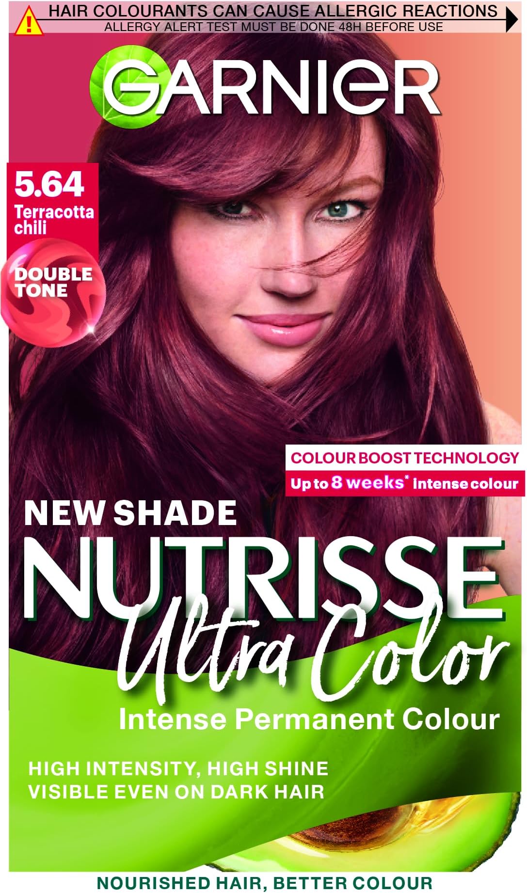Nutrisse Ultra Color Hair Dye, Vegan, 5.64 Terracotta Chili. 100% grey coverage and a bold, vibrant 8-week colour. This no-ammonia, vegan formula delivers intense terracotta chili tones