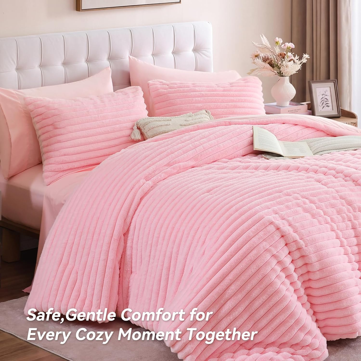 weigelia Queen Comforter Set 7 Piece Fluffy Fleece Bedding Set, Soft Pink Bed Set with Luxury Fuzzy Bed in a Bag, All Season Warm Bedding Sets with Comforter, Sheets, Pillowcases & Shams