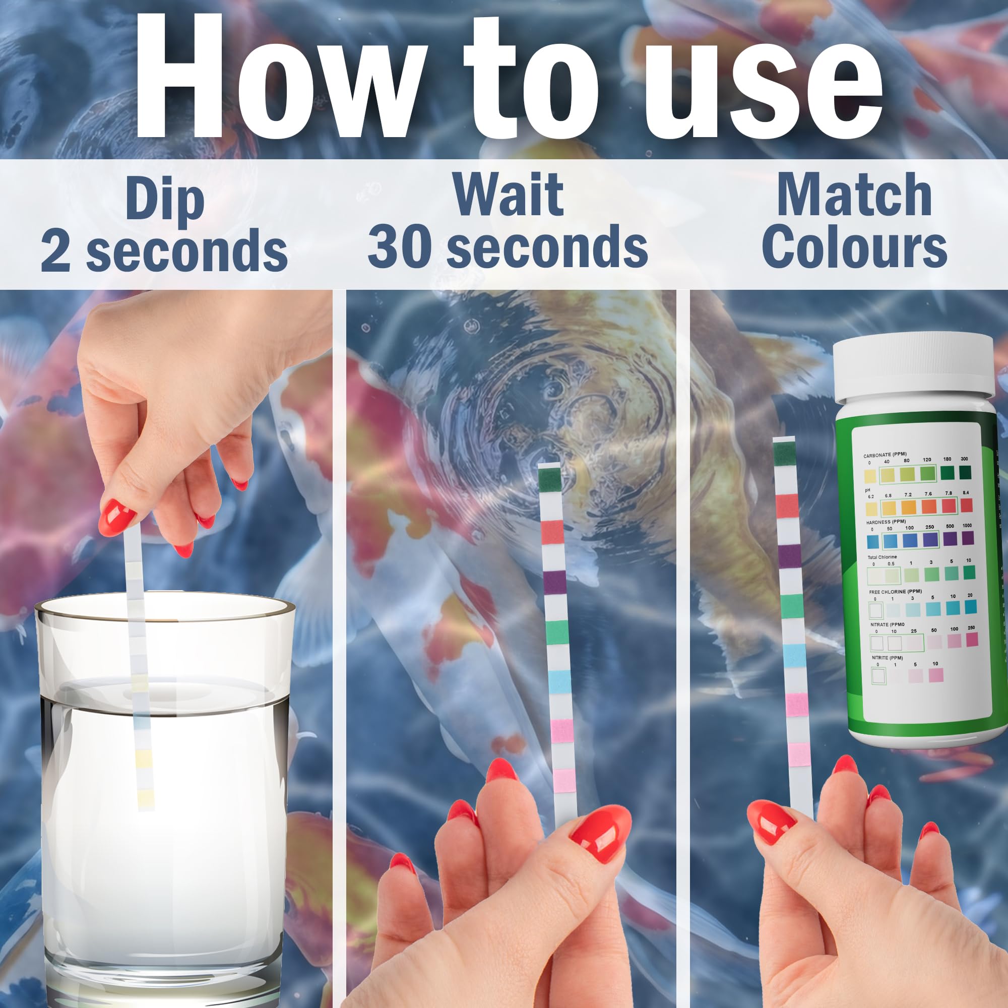 7-in-1 Pond Test Strips – Accurate Pond Water Test Kit for pH, Nitrate, Nitrite, Carbonate, Hardness, Total & Free Chlorine – Easy-to-Use Accessories for All Garden Ponds – 50 Strips - image 3