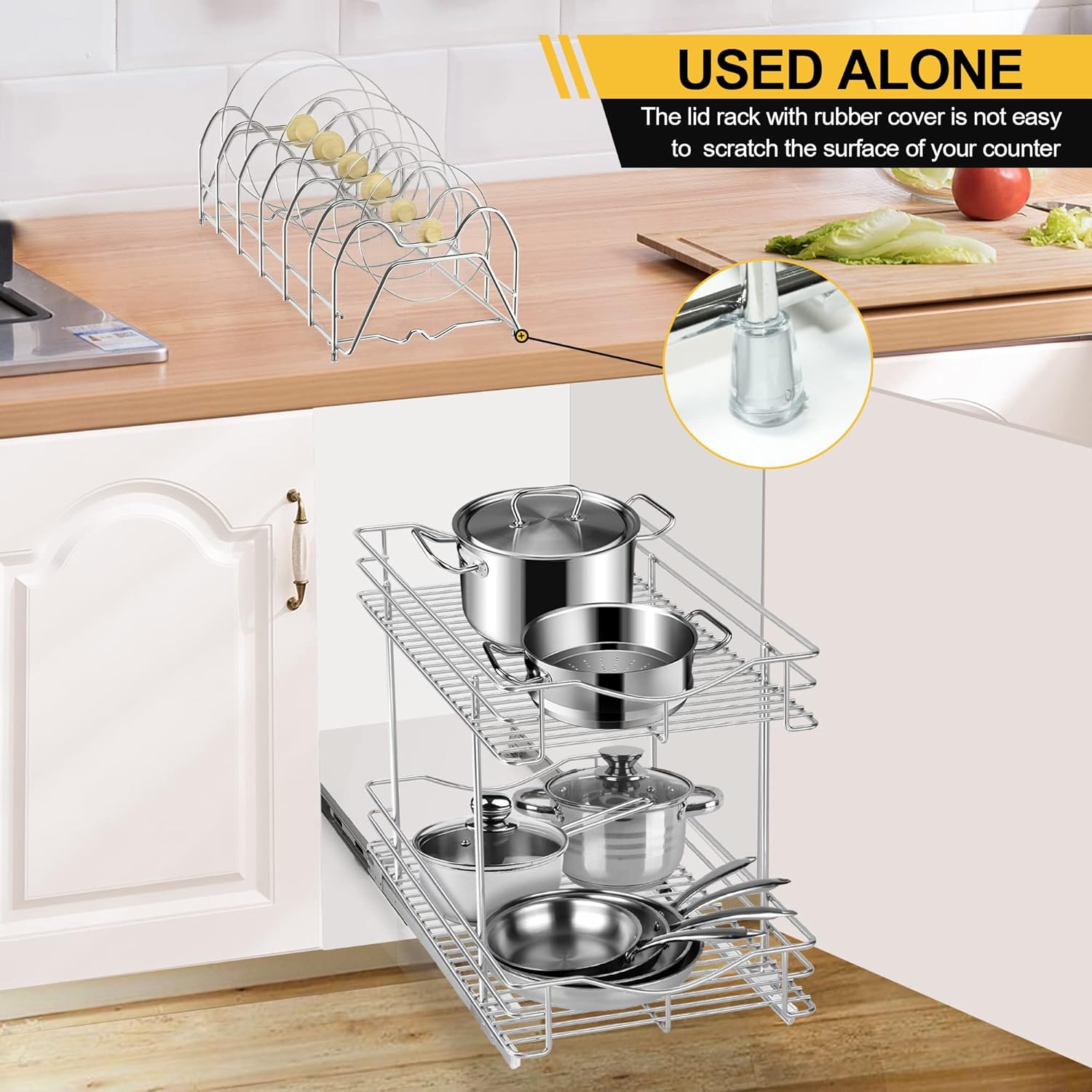 FULGENTE Pull Out Cabinet Pots and Pans Organizer 11" W x 18" D 2 Tier Wire Basket for Lid Cookware Drawer Slide Out Kitchen Cupboard Organization Shelves Shelf for Pantry Roll Out Storage, Chrome