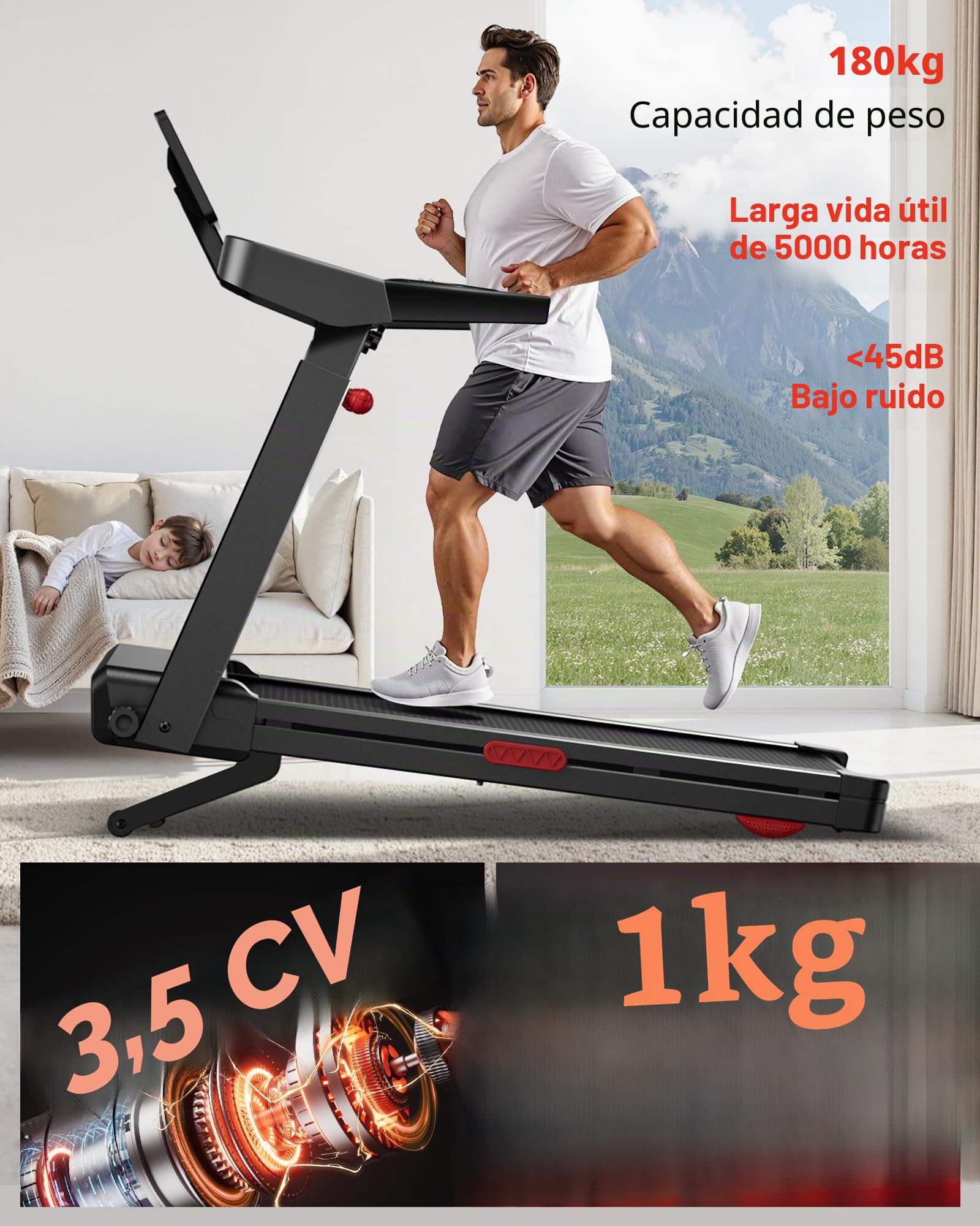 UMAY Cinta de correr con pendiente automática, 14 km/h para el hogar, plegable, consola ajustable de 4 velocidades y motor silencioso de 3,5 CV, Treadmill for Home máx. 180 kg