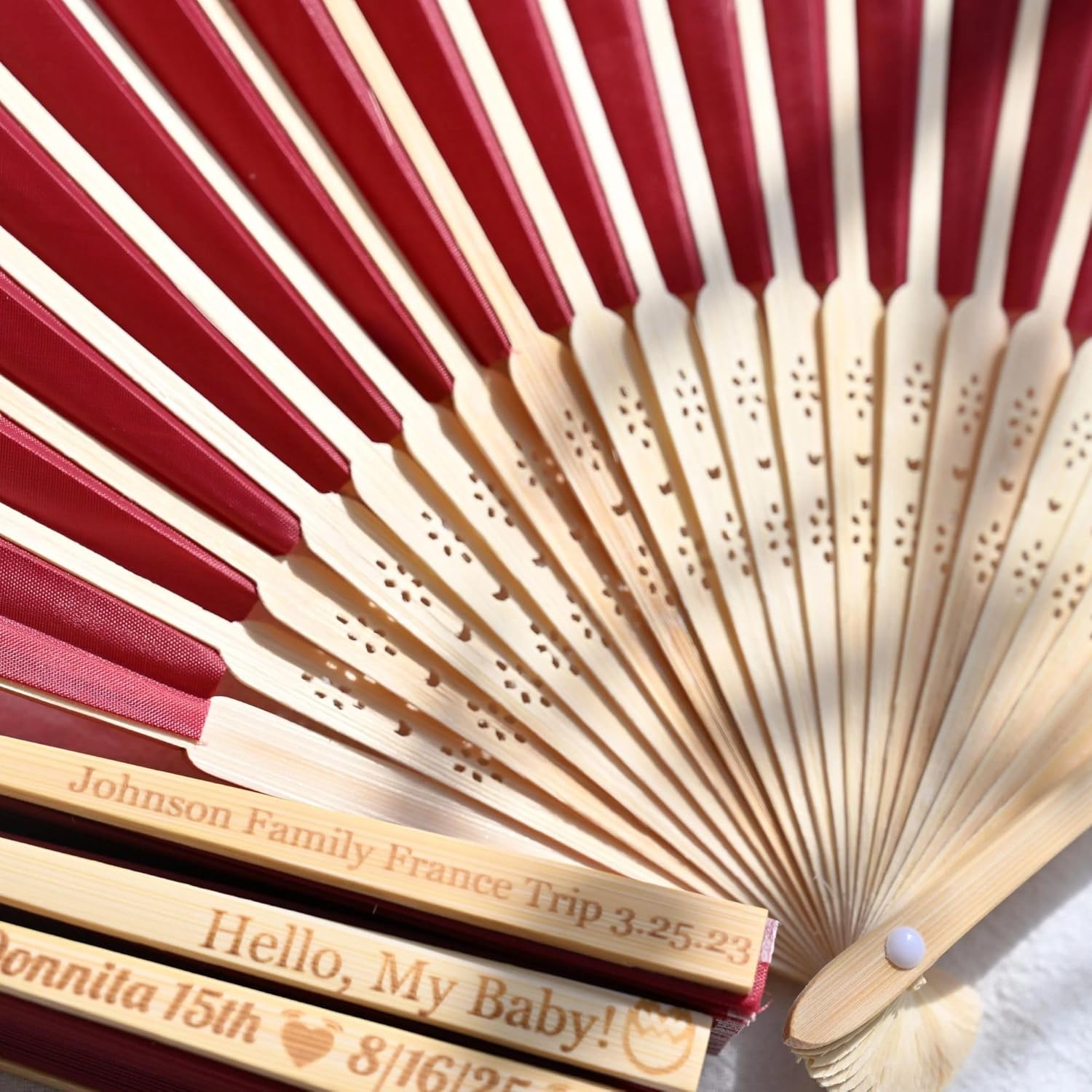 Red Personalized Folding Hand Wedding Fans - Engraved Silk Fans, Custom Bamboo and Silk Fans for Party Favors and Bridal Shower Gifts（20Pcs）