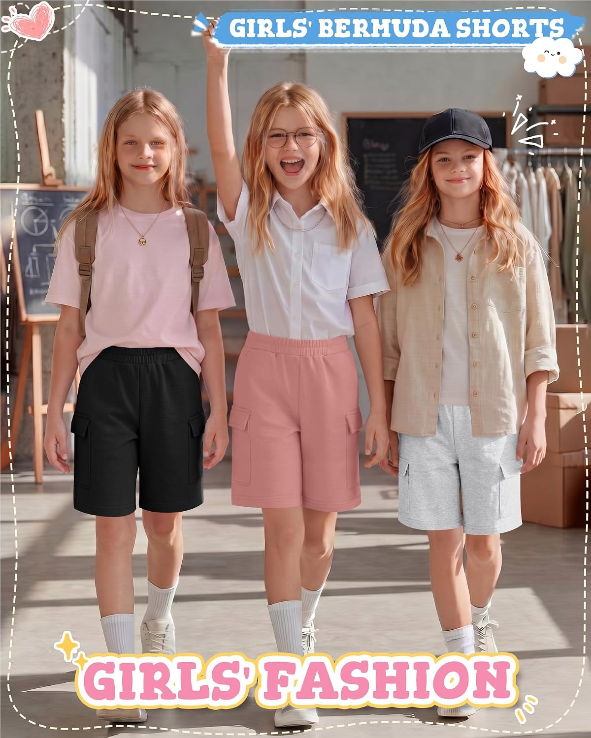 3 Pack Girls' Bermuda Cargo Shorts