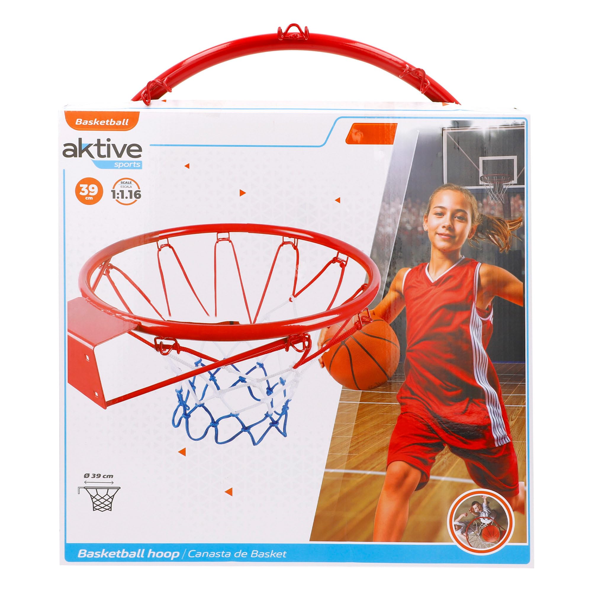 AKTIVE 54279 Canasta de Baloncesto Pared, 39 cm, Escala 1/1.16, Red de poliéster y aro metálico, Instalación con 4 Tornillos incluidos, para Jugar en casa, terraza o jardín