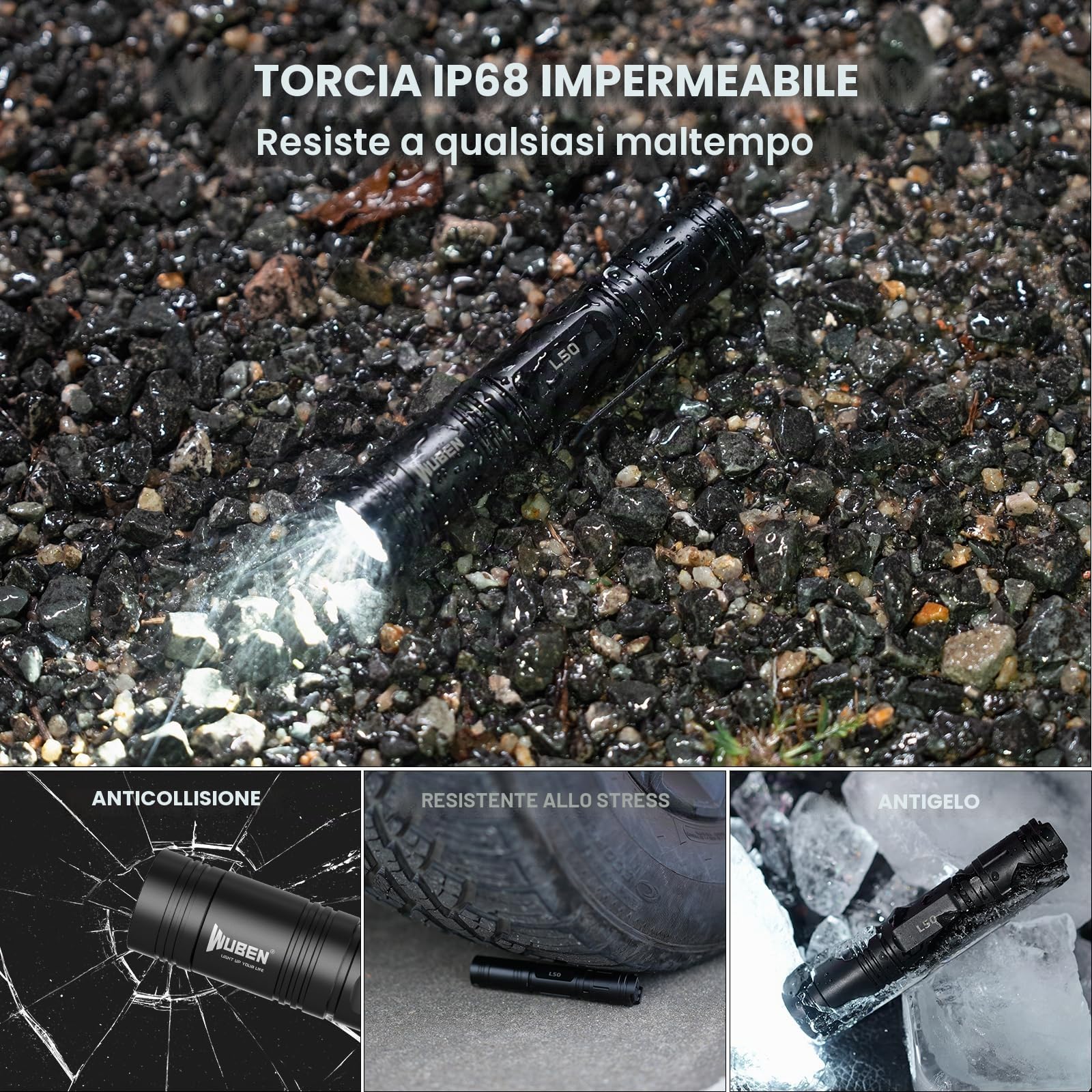 WUBEN L50 Torcia LED Ricaricabile, 1200 Lumen Torcia LED Potente Professionale, Torcia Tattica IP68 Impermeabile 5 Modalità, Tascabili Portatili Torch