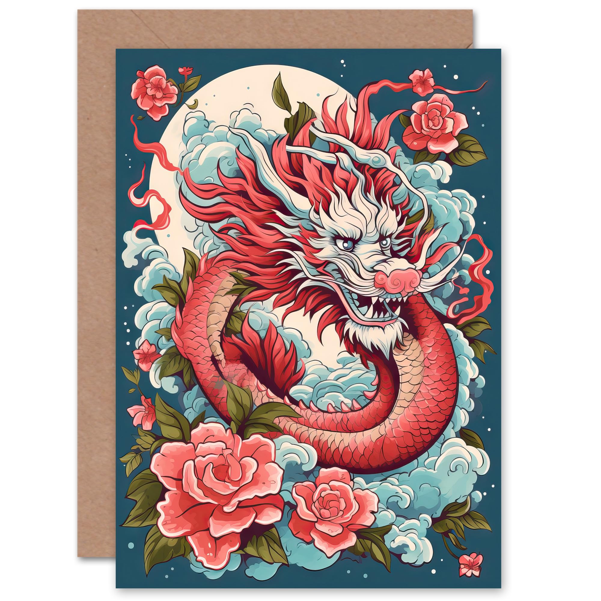 Artery8 Fantasy Dragon Red Roses 2024 Chinese Year of the Dragon for Him or Her Man Woman Chinese New Year Birthday Thank You Blank Art Greeting Card
