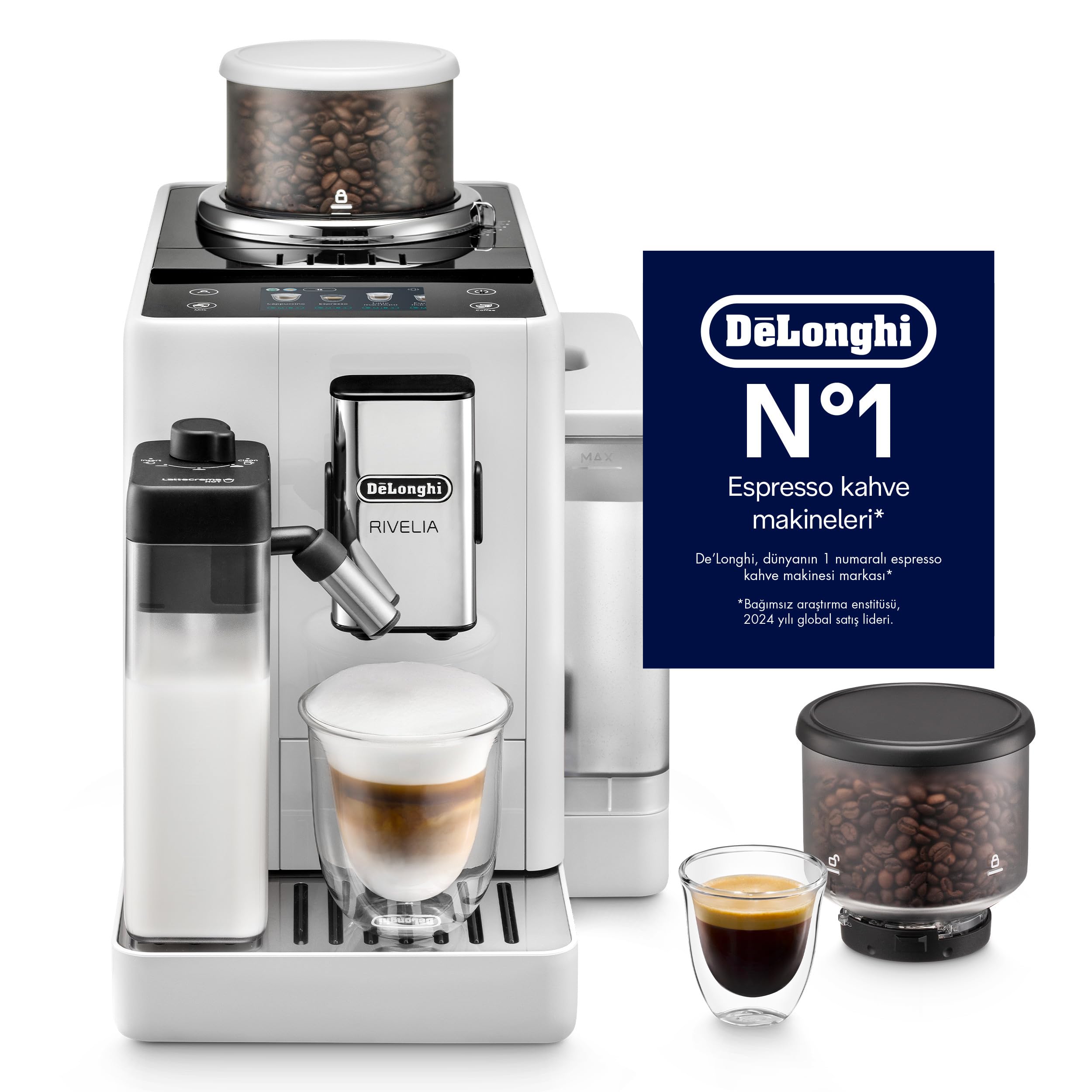 DeLonghi Rivelia EXAM440.55.W, Fully Automatic Coffee Maker with LatteCrema, Automatic Milk Frother, Compact Size, Bean-to-Cup Coffee Maker, 16 Recipes, Colored Touch Display (White)