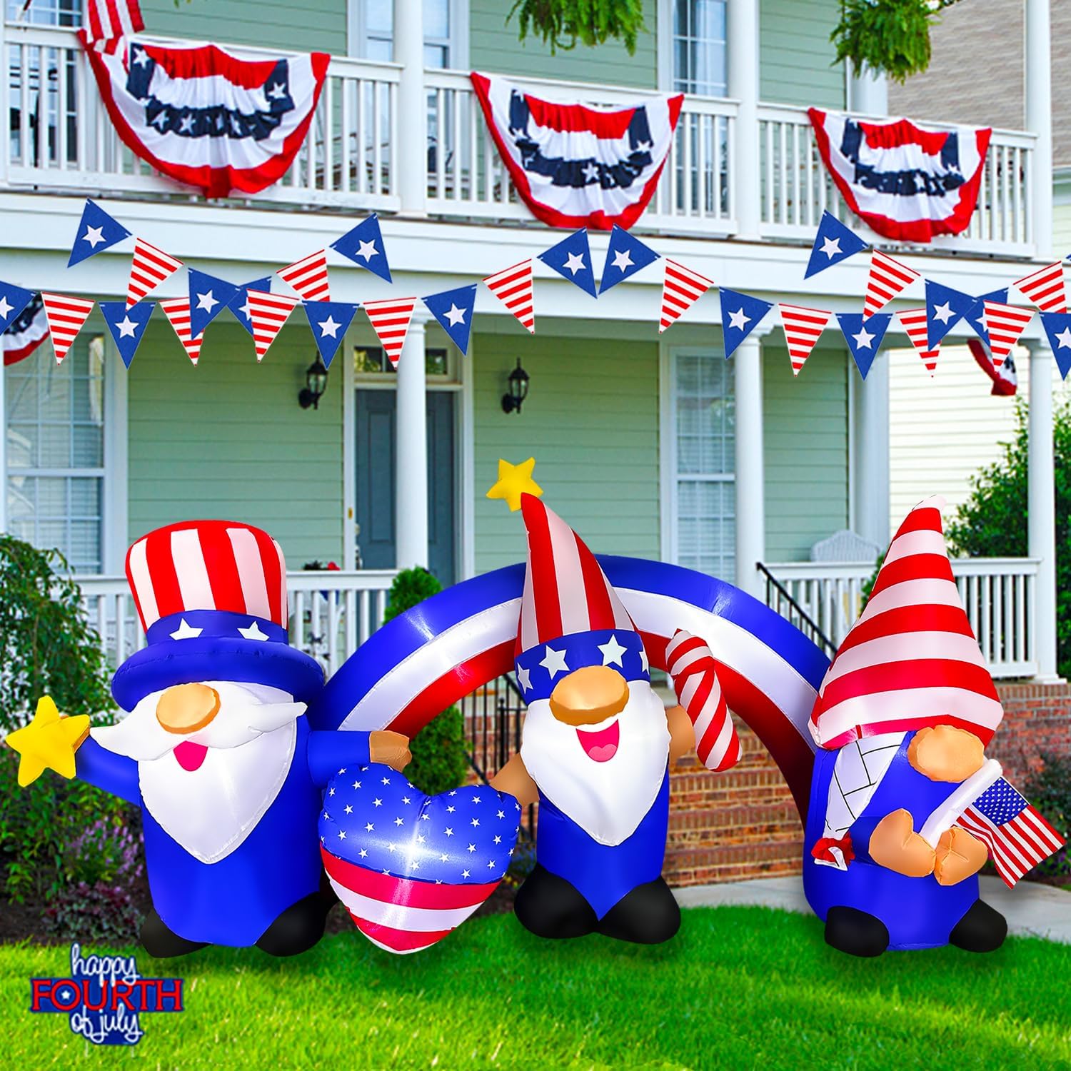 BLOWOUT FUN 7 FT Independence Day Inflatable 3 Gnomes with Archway Decorations Patriotic 4th of July for Home Yard Lawn Garden Indoor Outdoor Memorial Day Decor