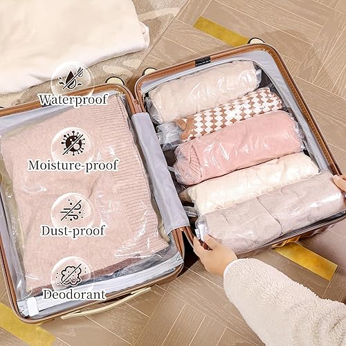 Miniatura 6 de Bolsas de compresión para viajes, paquete de 12 bolsas de compresión enrollables, no necesita aspiradora ni bomba, artículos esenciales de viaje,