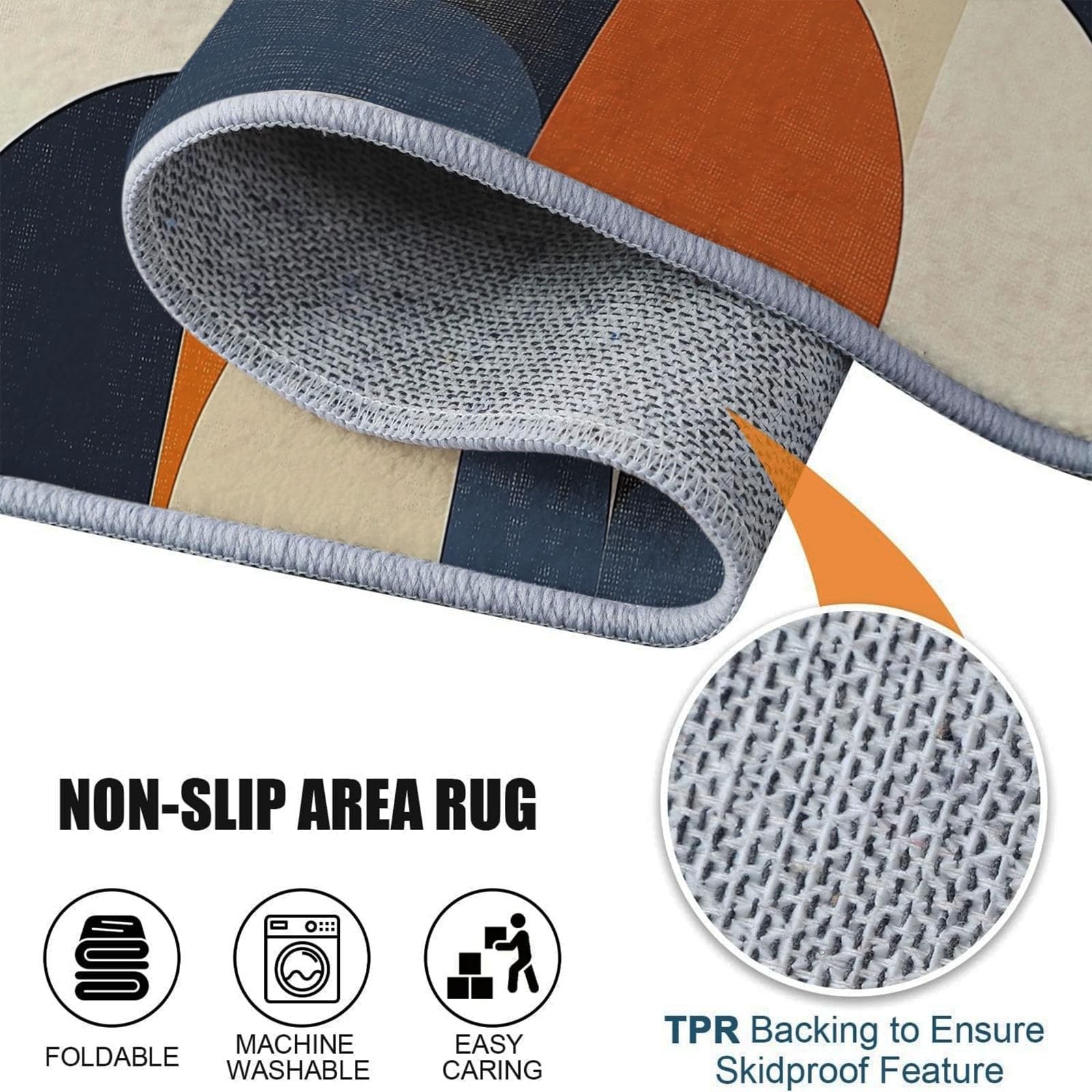 Tapis Salon Chambre Adulte Poil, Tapis à Poils Courts et denses Motif Géométrie Vintage Cercles, Tapis Lavable en Machine Antidérapant Bleu Orange, 60 x 110 cm
