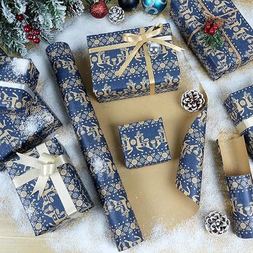 Miniatura 4 de Rollo de papel de regalo de Navidad, papel de estraza azul marino, 17 pulgadas x 49 pies, copo de nieve, diseño floral de Navidad y reno, papel de
