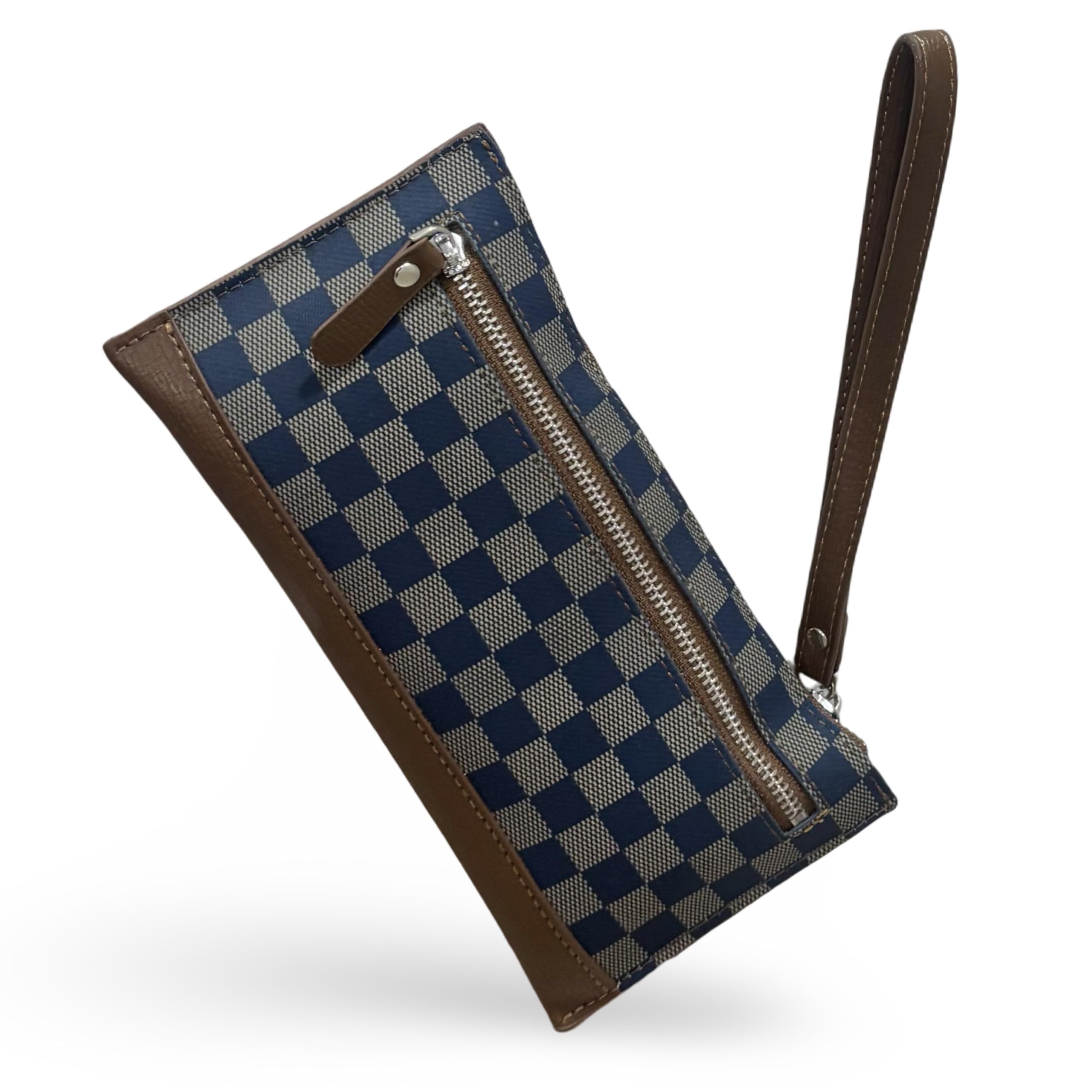glossy Women's Checkered Wristlet Wallet, PU Pouch with Card Slots and Dual Zippers (Blue)-picture-17