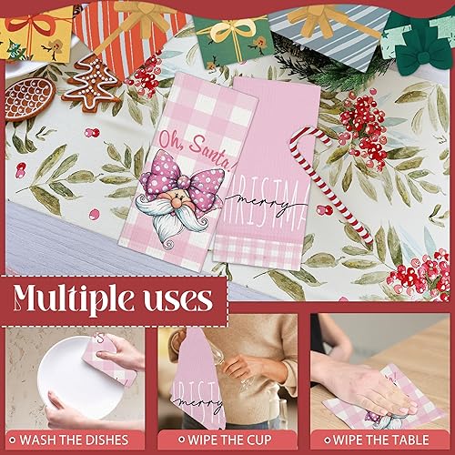 Miniatura 4 de Toallas de cocina de Navidad - Rosa, toallas de mano absorbentes con diseño de moño de Papá Noel y cuadros de búfalo, decoración festiva de invierno
